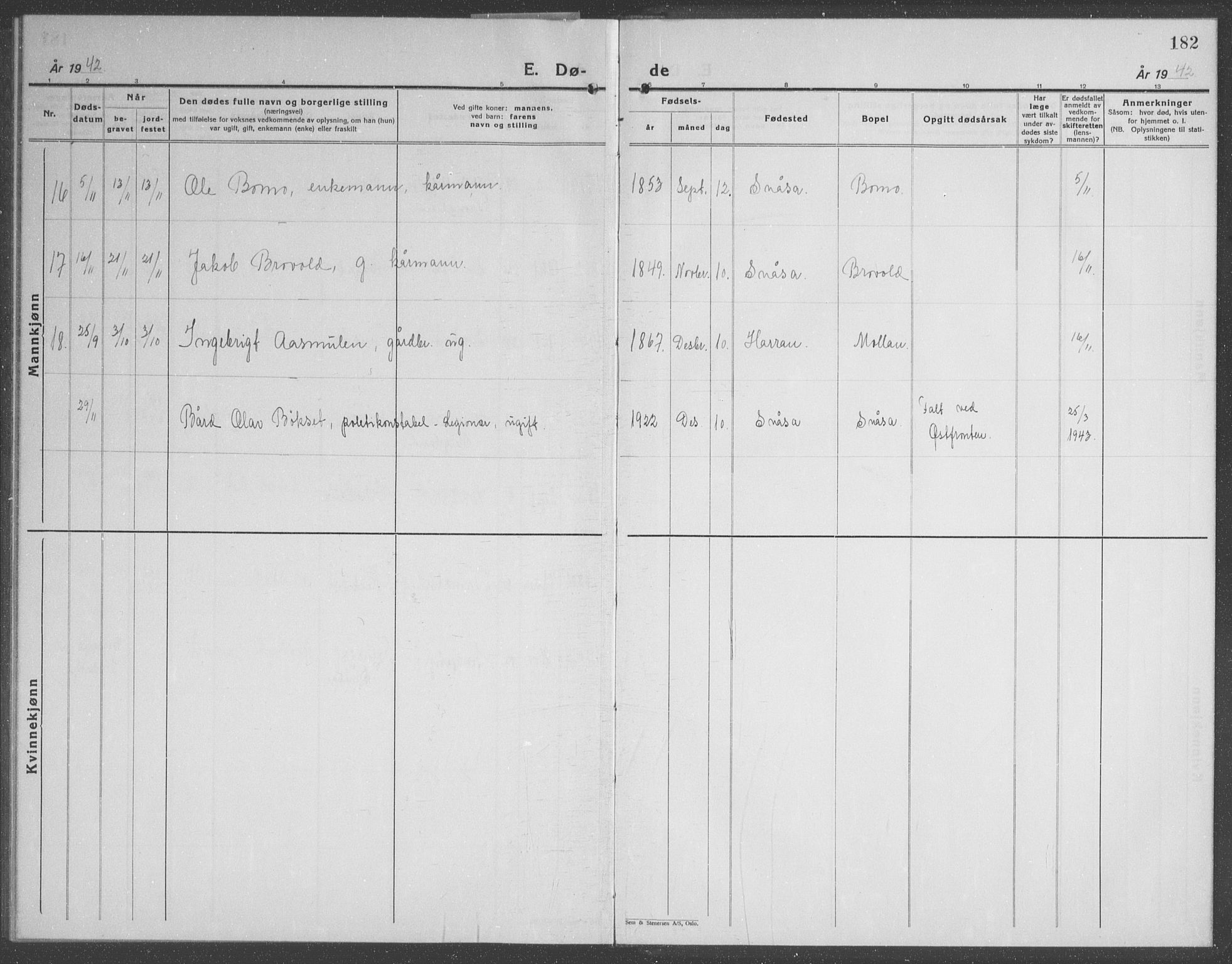 Ministerialprotokoller, klokkerbøker og fødselsregistre - Nord-Trøndelag, AV/SAT-A-1458/749/L0481: Parish register (copy) no. 749C03, 1933-1945, p. 182