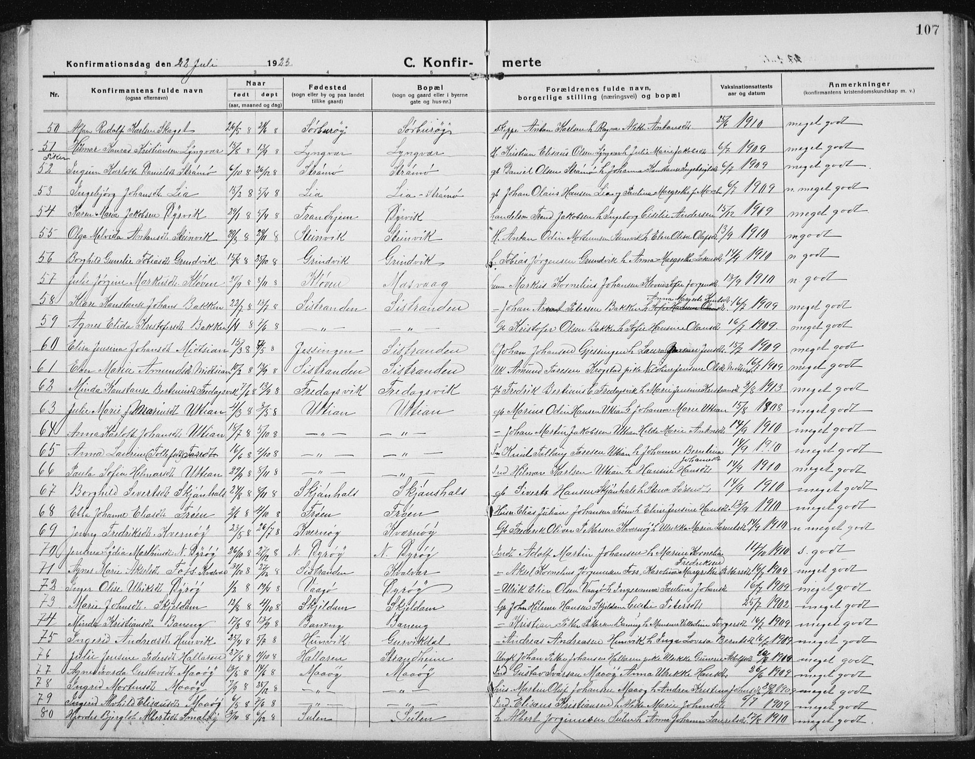 Ministerialprotokoller, klokkerbøker og fødselsregistre - Sør-Trøndelag, SAT/A-1456/640/L0589: Parish register (copy) no. 640C06, 1922-1934, p. 107