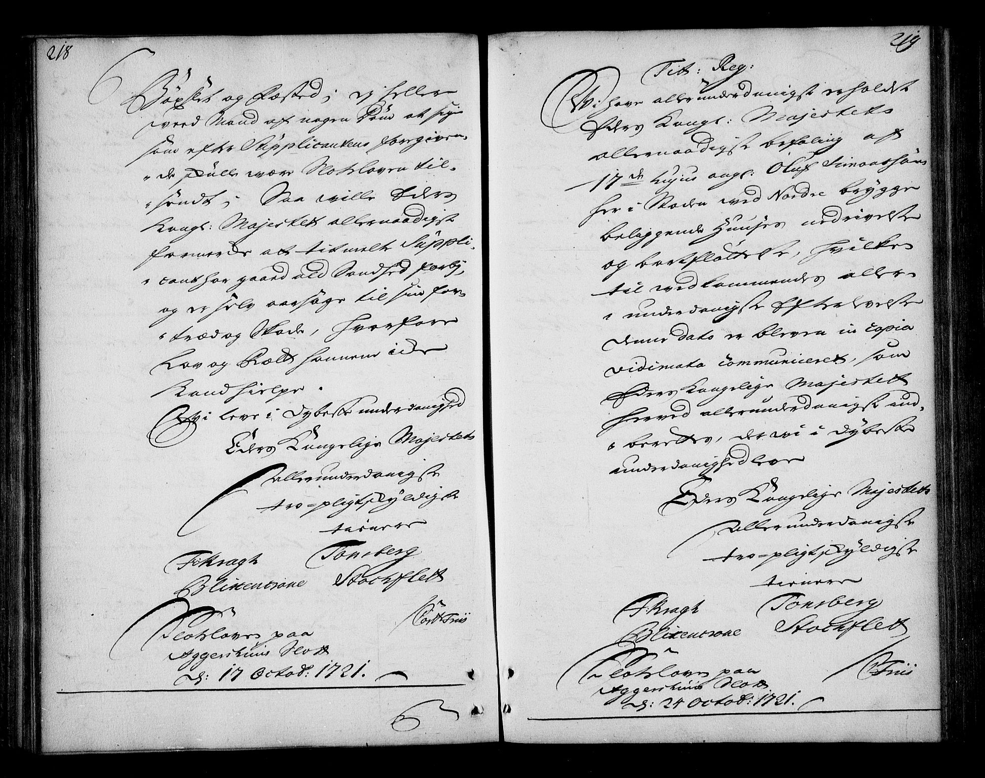 Stattholderembetet 1572-1771, AV/RA-EA-2870/Bd/L0003: Relasjonsprotokoll, 1720-1722, p. 218-219