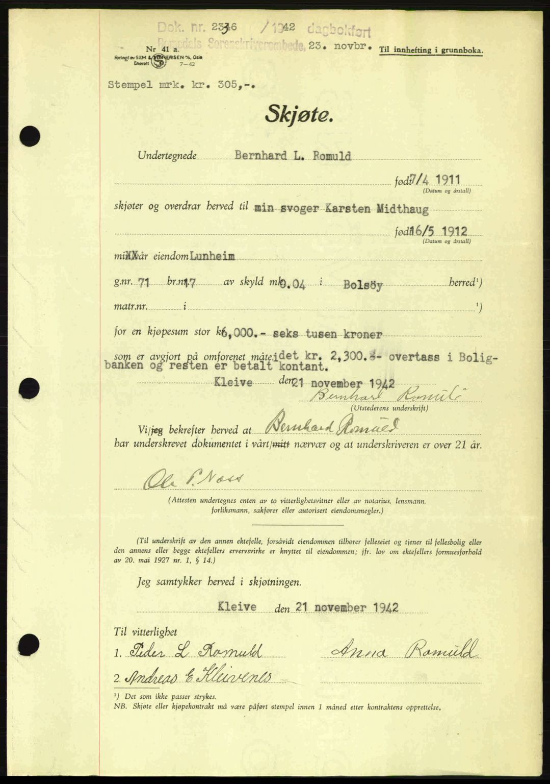 Romsdal sorenskriveri, AV/SAT-A-4149/1/2/2C: Mortgage book no. A13, 1942-1943, Diary no: : 2336/1942