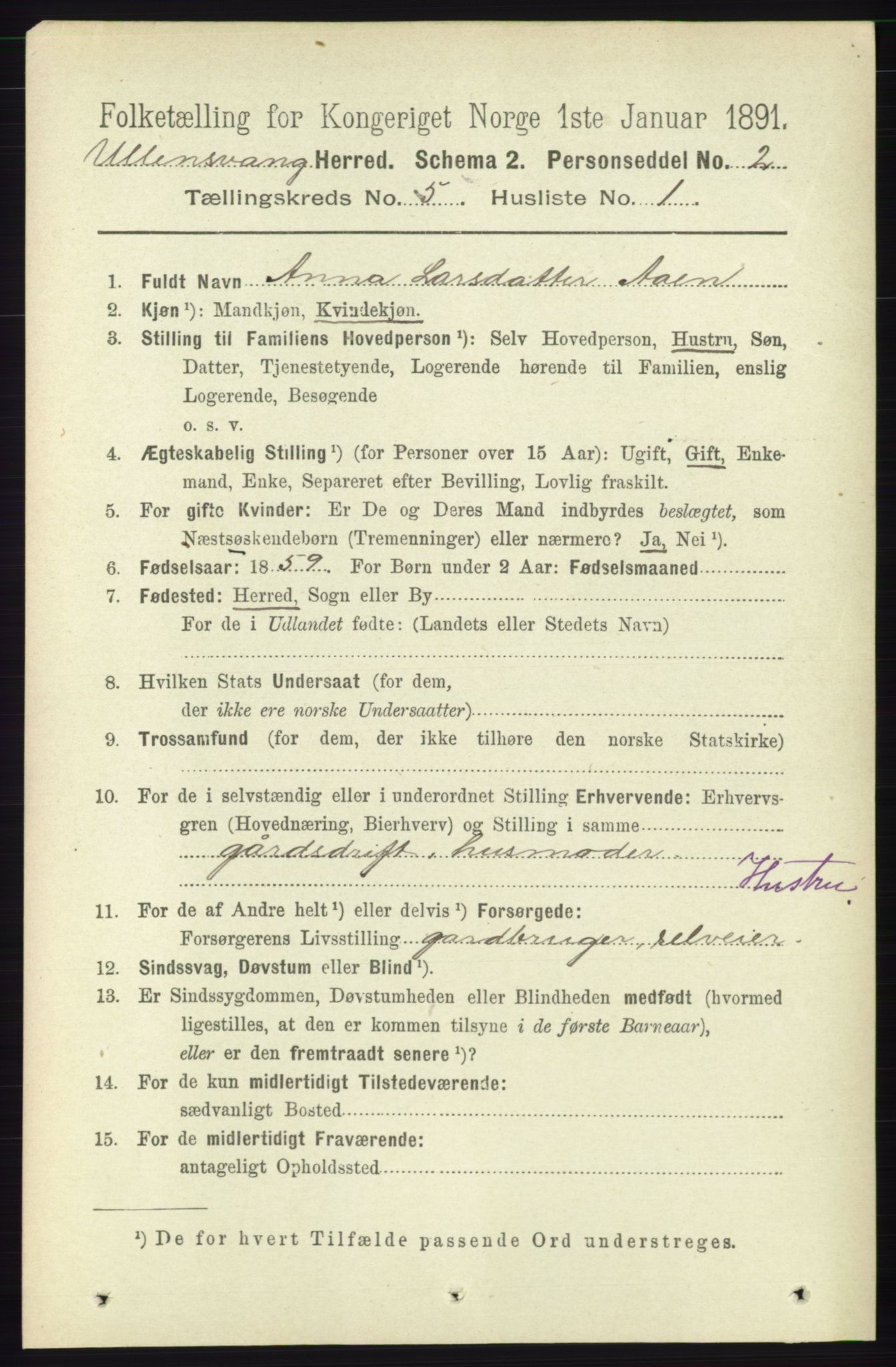 RA, 1891 census for 1230 Ullensvang, 1891, p. 1615