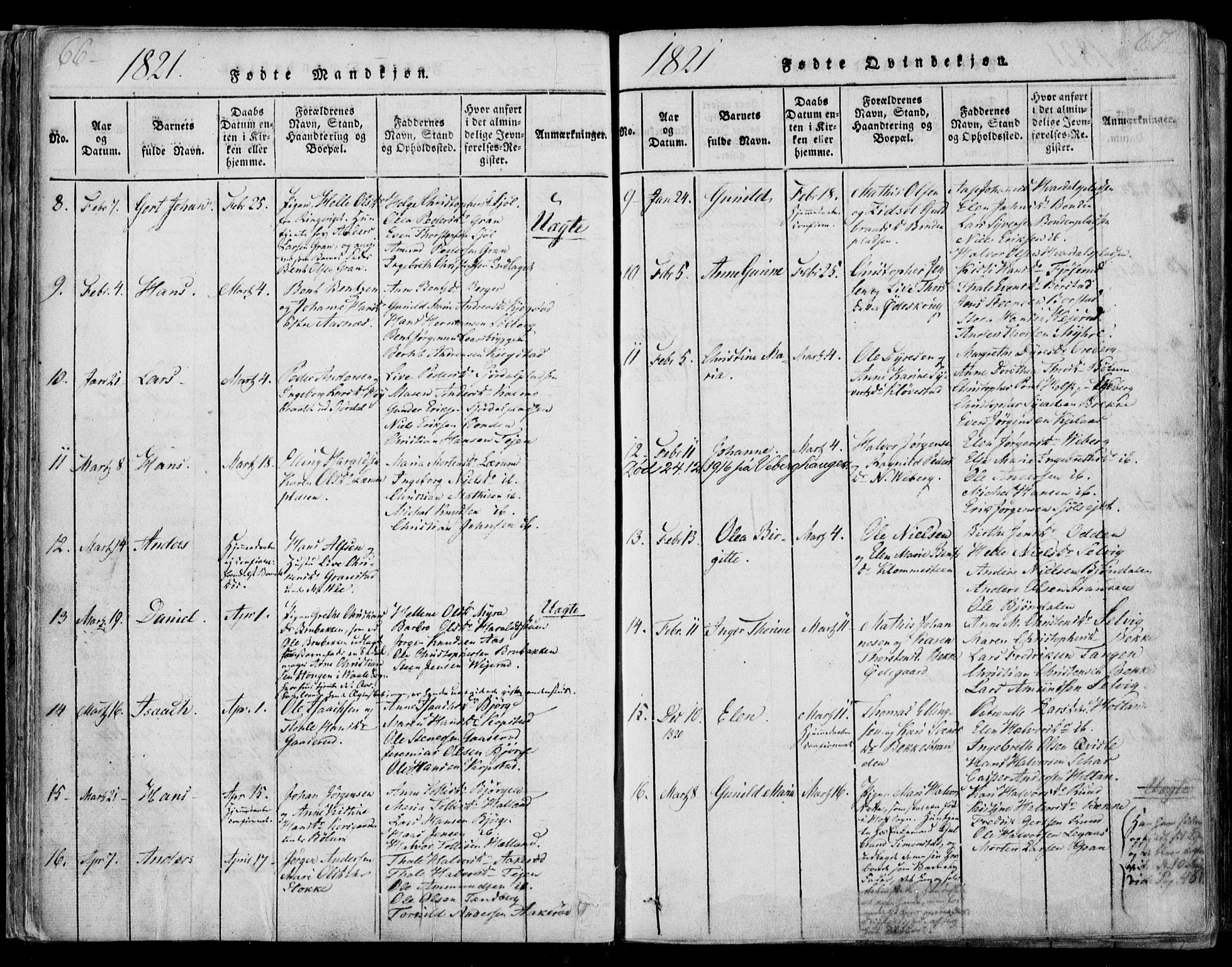 Sande Kirkebøker, AV/SAKO-A-53/F/Fa/L0003: Parish register (official) no. 3, 1814-1847, p. 66-67