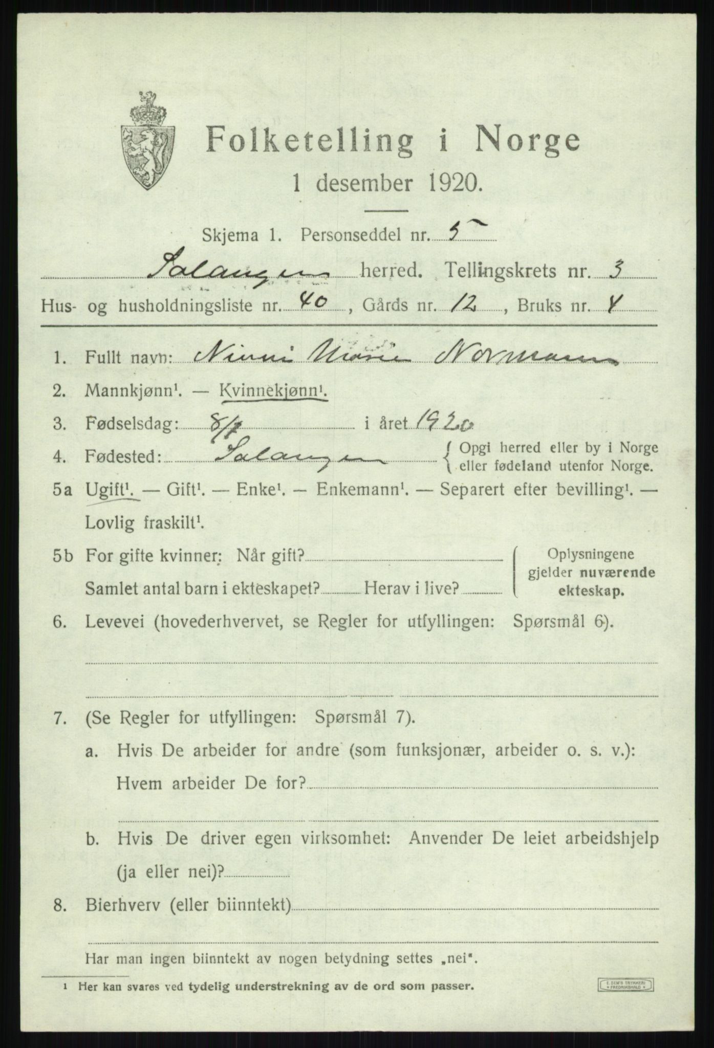 SATØ, 1920 census for Salangen, 1920, p. 2032