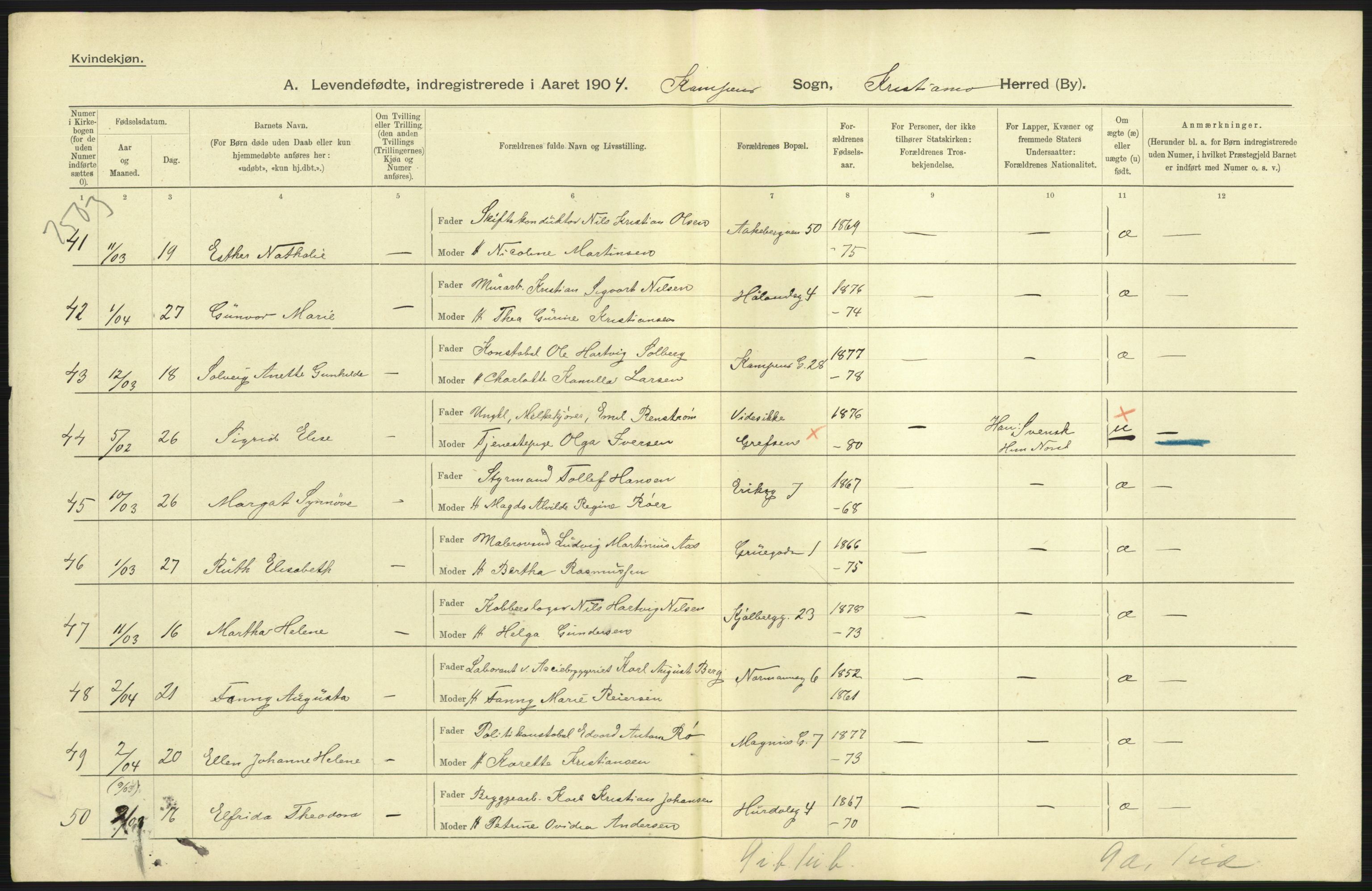 Statistisk sentralbyrå, Sosiodemografiske emner, Befolkning, AV/RA-S-2228/D/Df/Dfa/Dfab/L0003: Kristiania: Fødte, 1904, p. 83