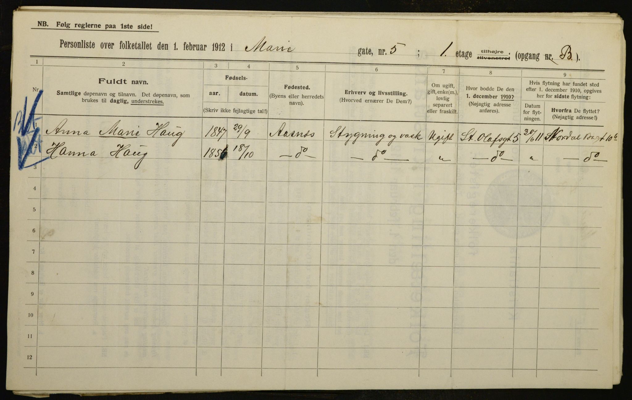 OBA, Municipal Census 1912 for Kristiania, 1912, p. 63233