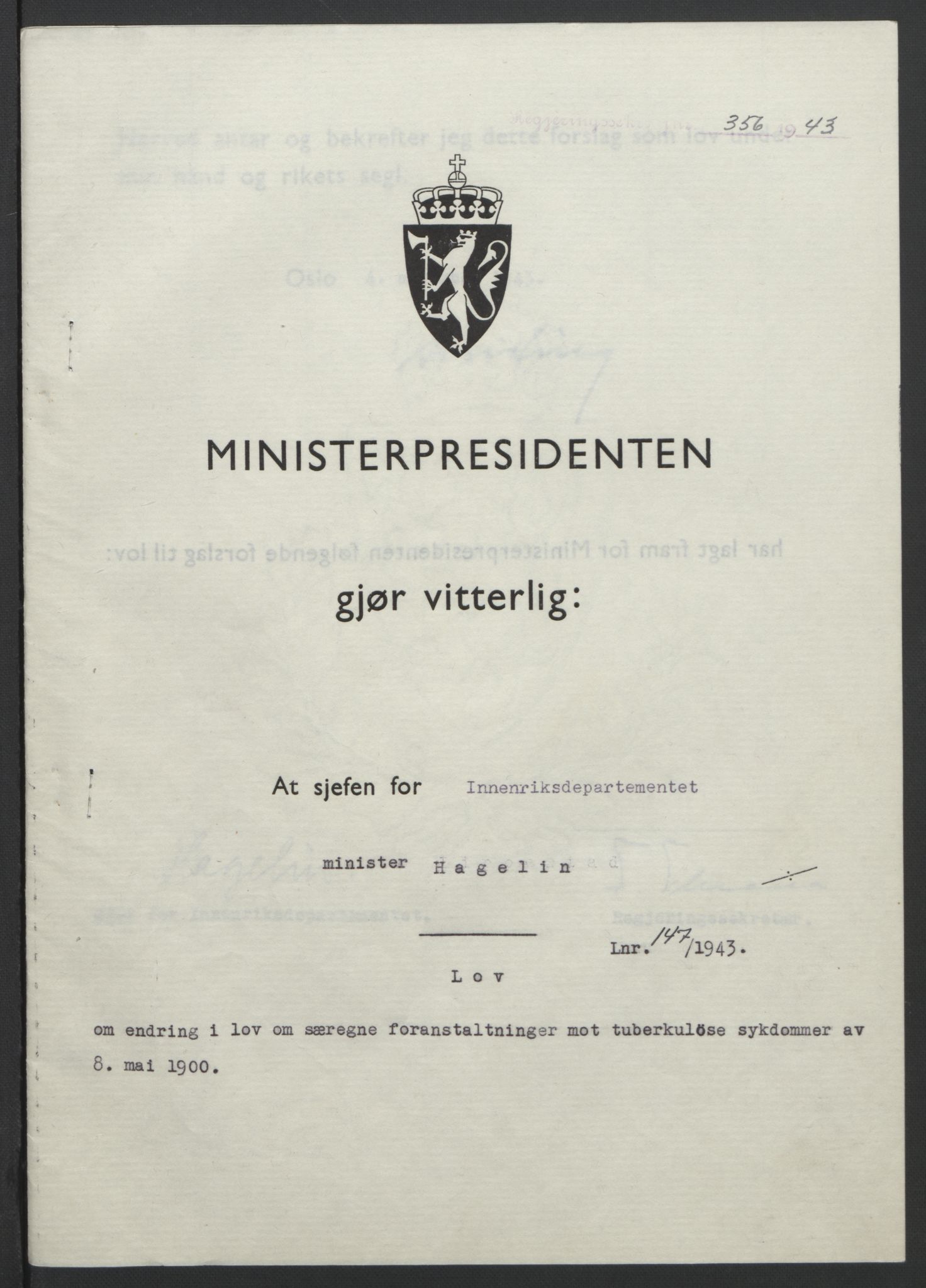 NS-administrasjonen 1940-1945 (Statsrådsekretariatet, de kommisariske statsråder mm), RA/S-4279/D/Db/L0099: Lover, 1943, p. 688