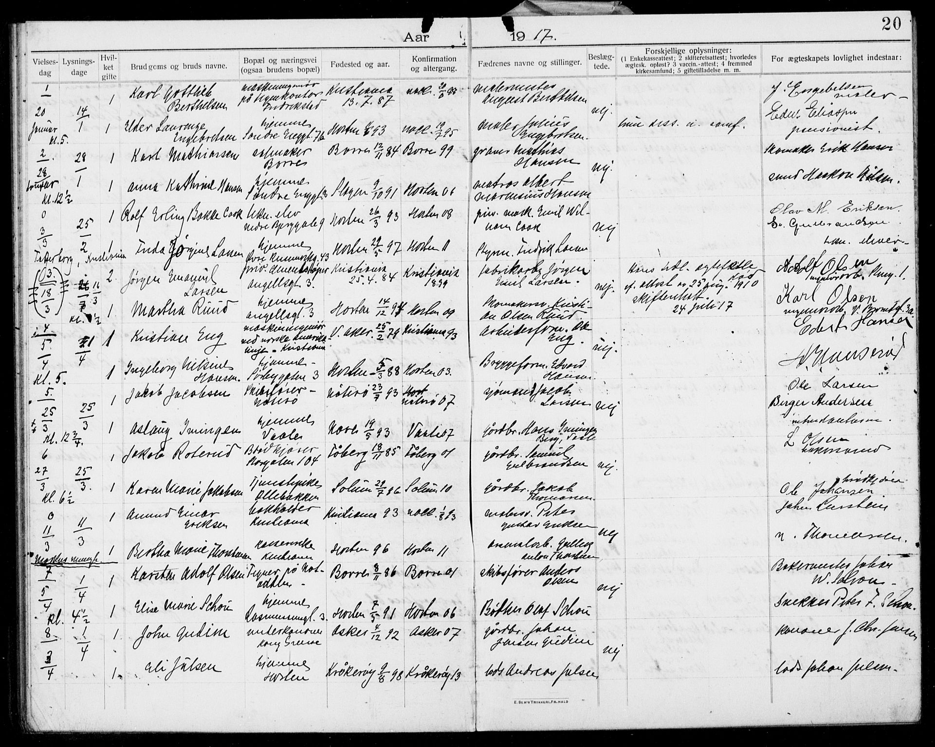Horten kirkebøker, AV/SAKO-A-348/H/Ha/L0005: Banns register no. 5, 1914-1923, p. 20