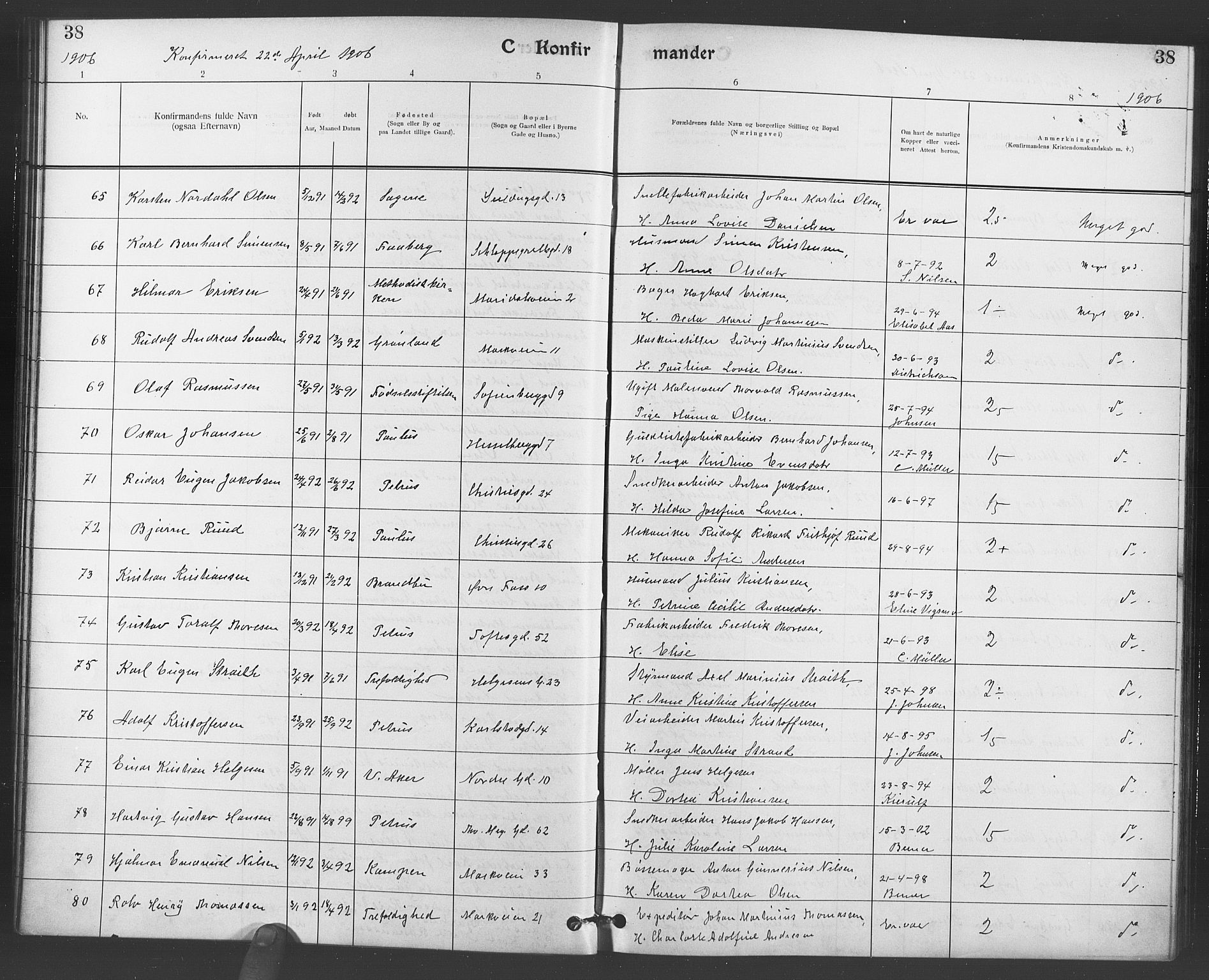 Paulus prestekontor Kirkebøker, SAO/A-10871/F/Fa/L0008: Parish register (official) no. 8, 1904-1912, p. 38
