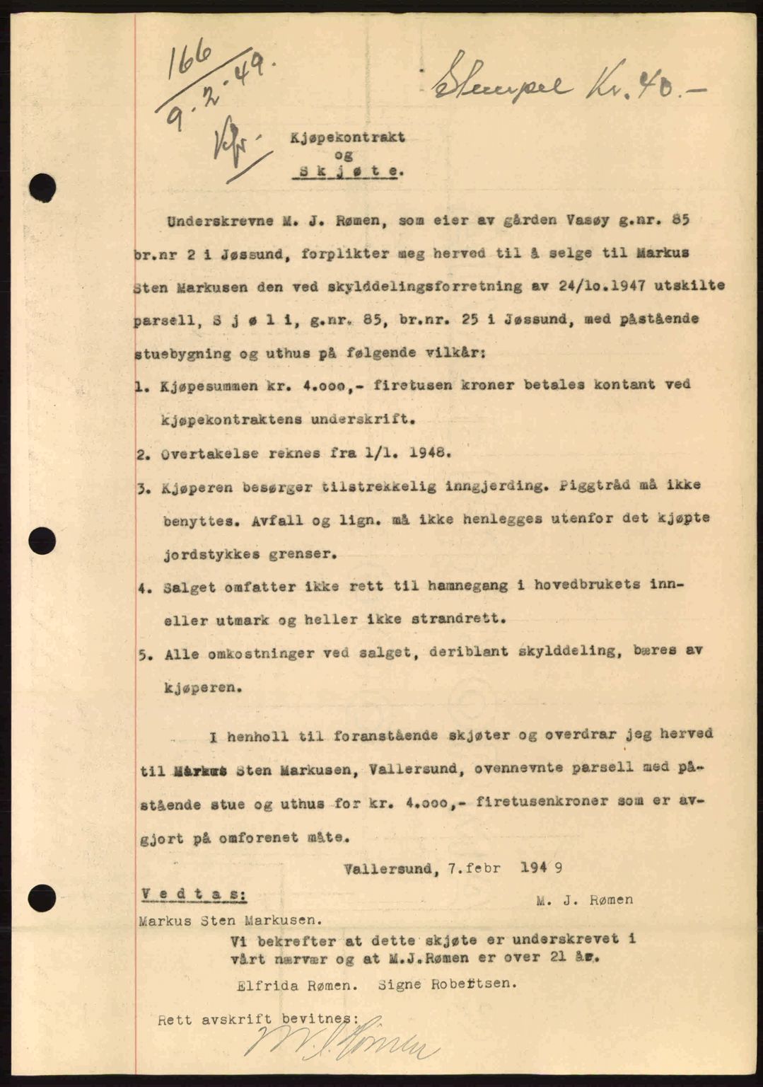 Fosen sorenskriveri, AV/SAT-A-1107/1/2/2C: Mortgage book no. A9, 1948-1949, Diary no: : 166/1949