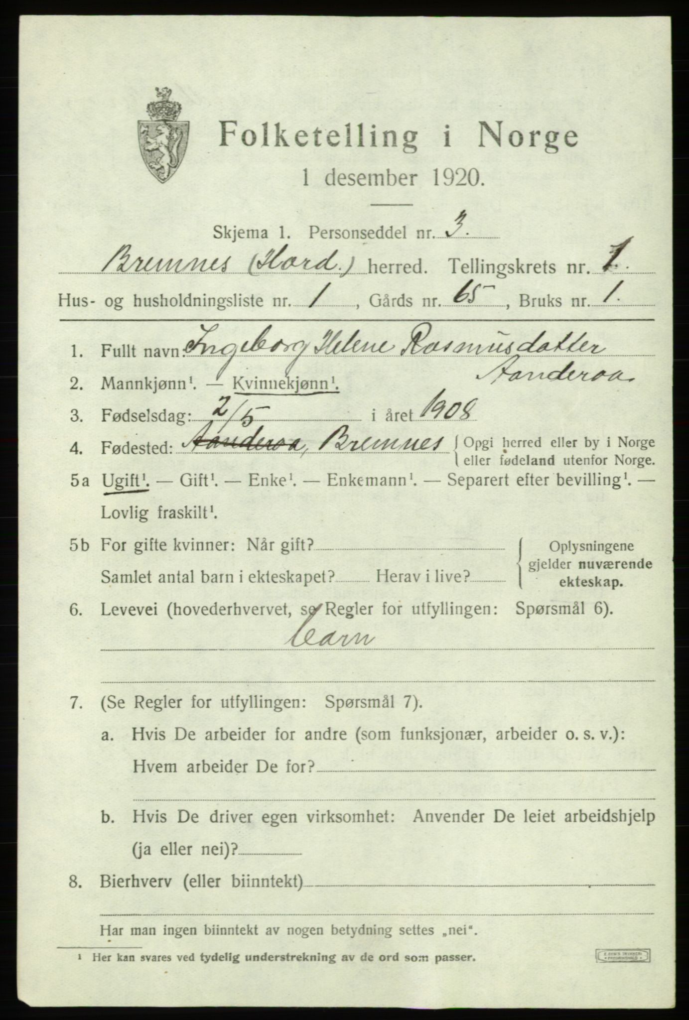 SAB, 1920 census for Bremnes, 1920, p. 1096