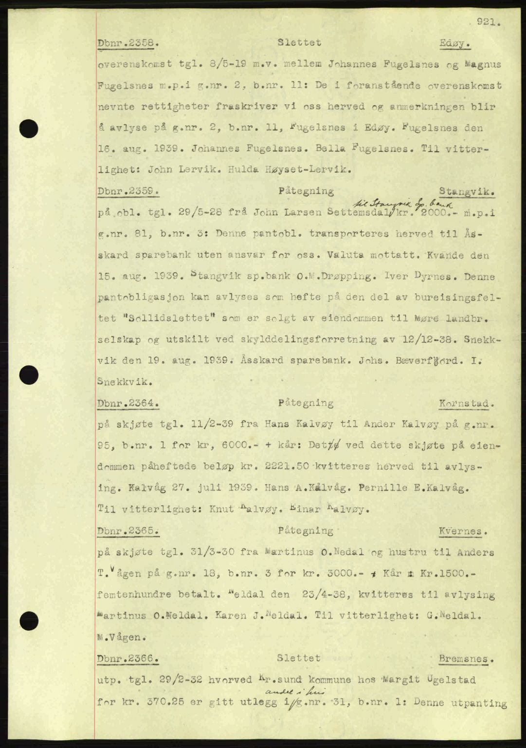 Nordmøre sorenskriveri, AV/SAT-A-4132/1/2/2Ca: Mortgage book no. C80, 1936-1939, Diary no: : 2358/1939