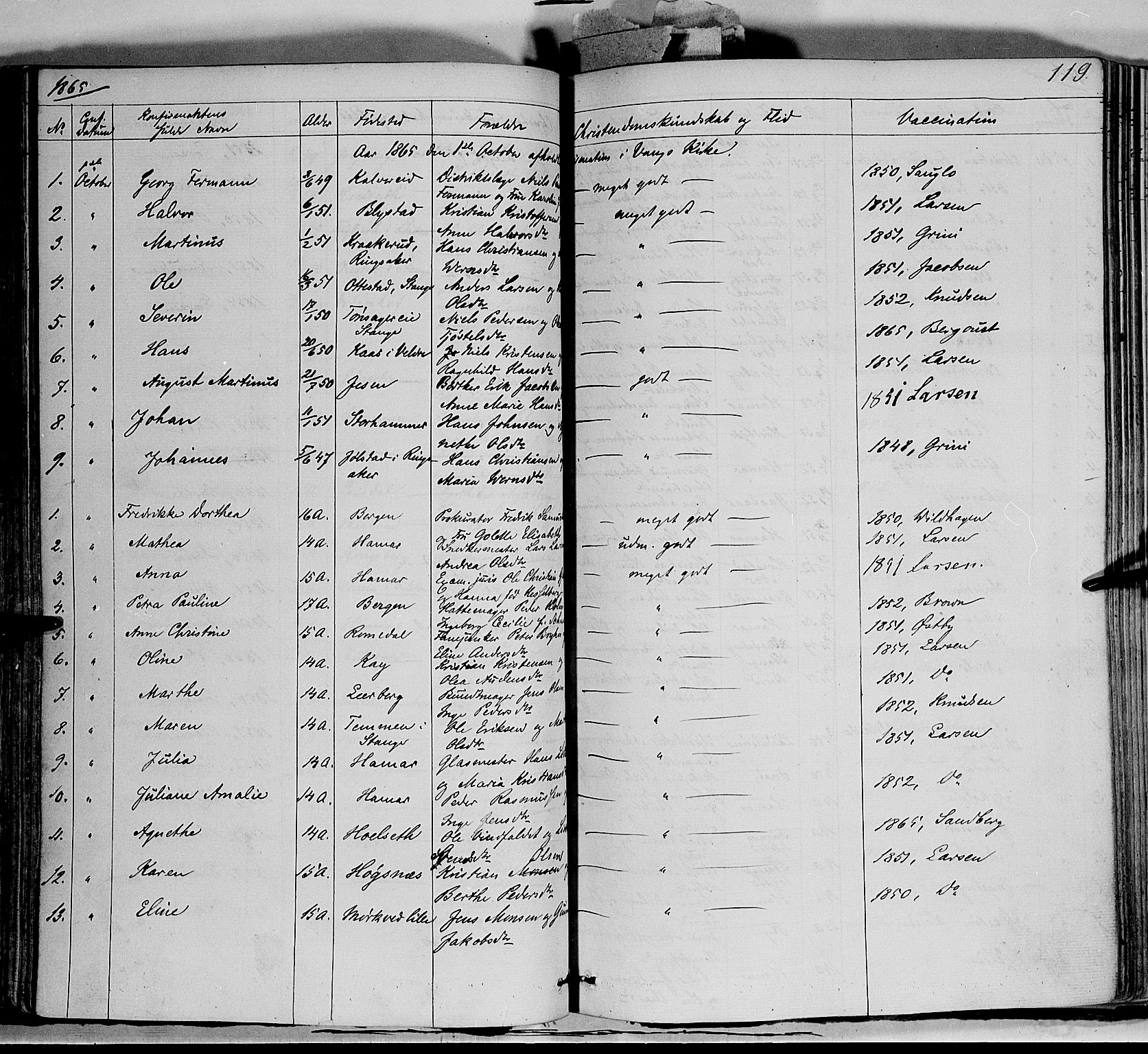 Vang prestekontor, Hedmark, SAH/PREST-008/H/Ha/Haa/L0011: Parish register (official) no. 11, 1852-1877, p. 119