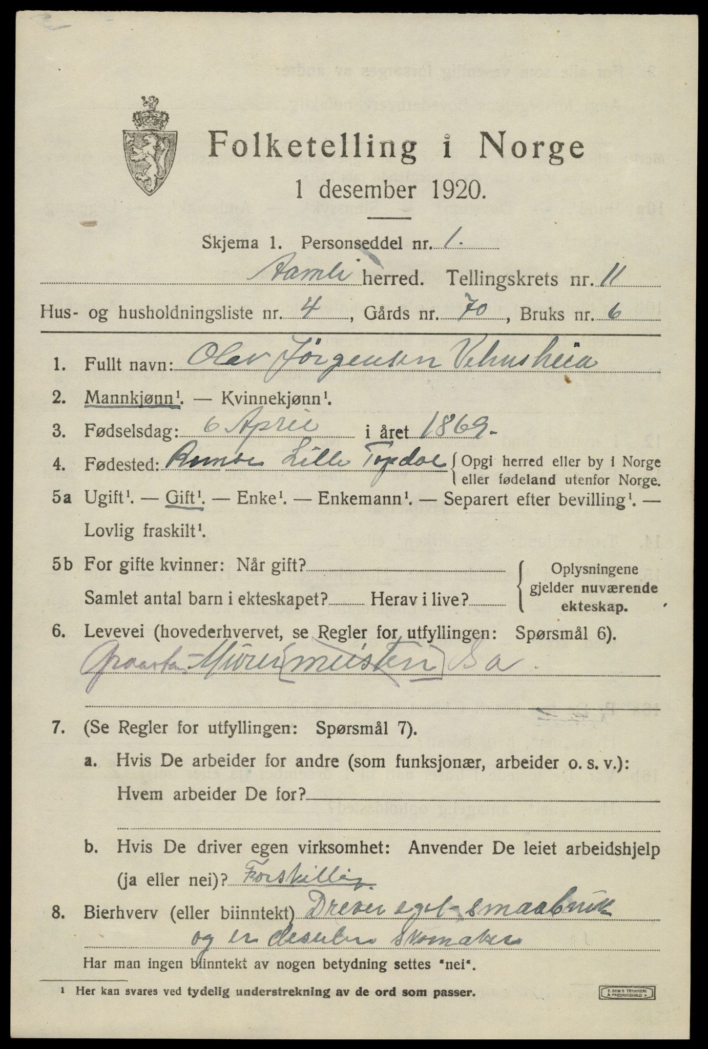 SAK, 1920 census for Åmli, 1920, p. 4229