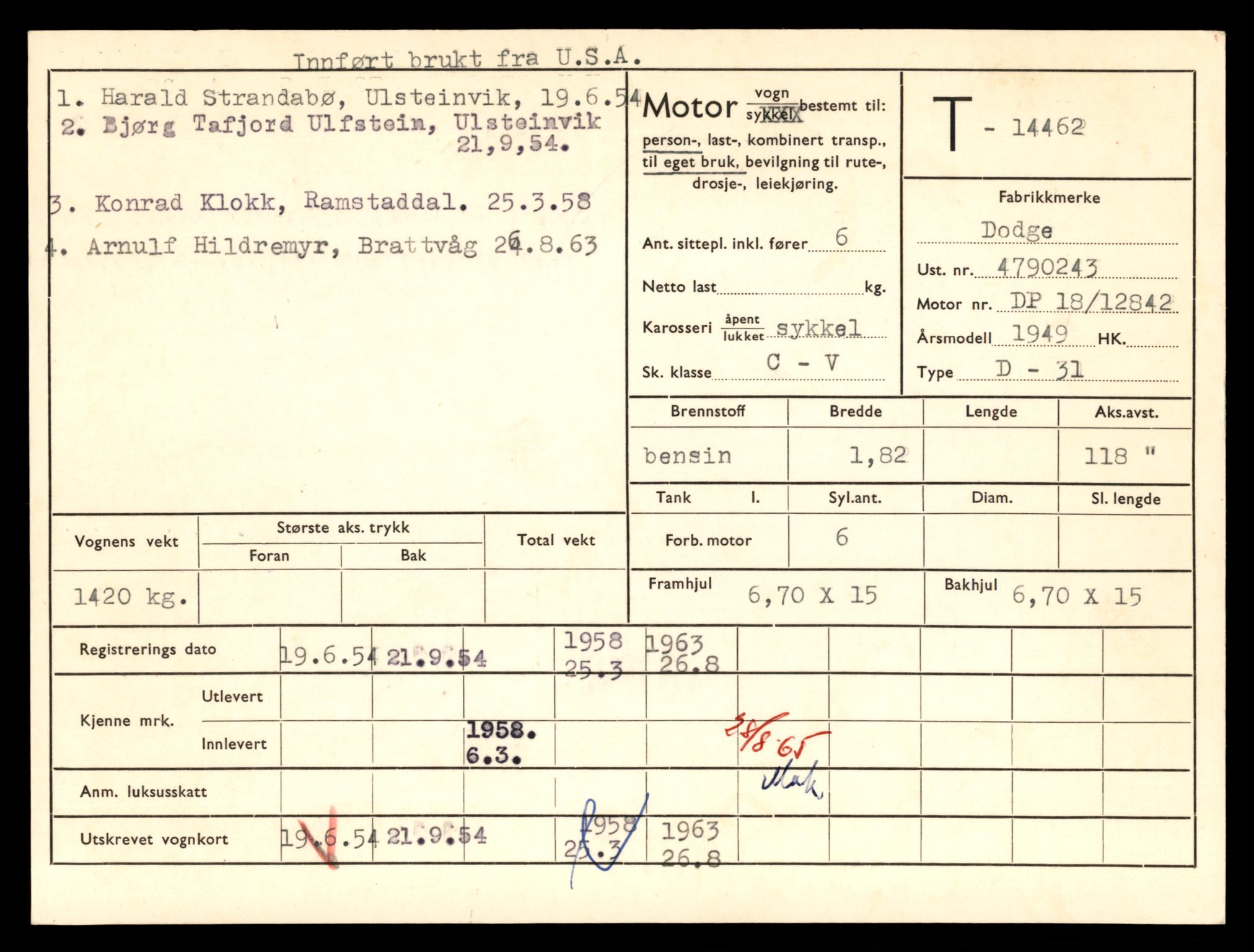 Møre og Romsdal vegkontor - Ålesund trafikkstasjon, AV/SAT-A-4099/F/Fe/L0046: Registreringskort for kjøretøy T 14445 - T 14579, 1927-1998