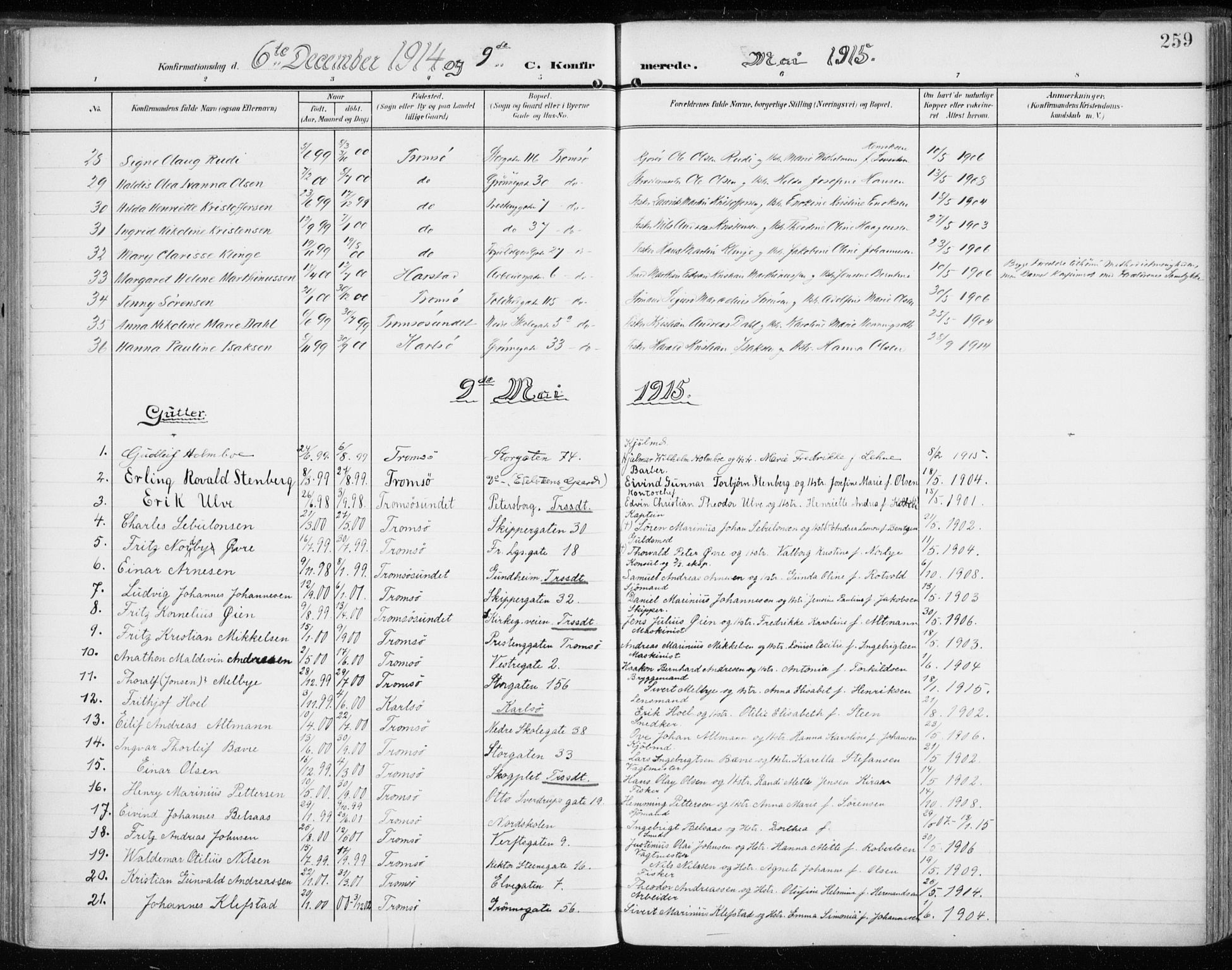 Tromsø sokneprestkontor/stiftsprosti/domprosti, AV/SATØ-S-1343/G/Ga/L0017kirke: Parish register (official) no. 17, 1907-1917, p. 259