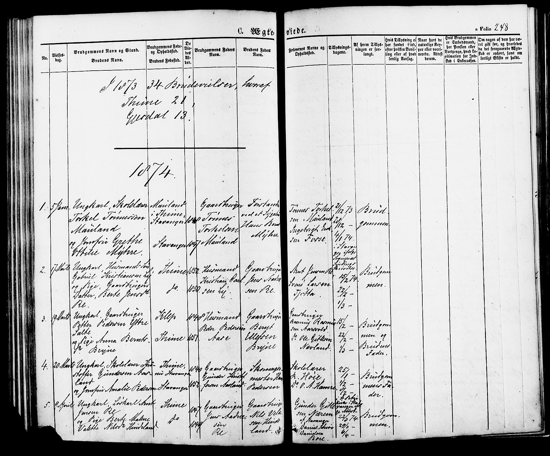 Lye sokneprestkontor, SAST/A-101794/001/30BA/L0008: Parish register (official) no. A 7, 1872-1881, p. 248
