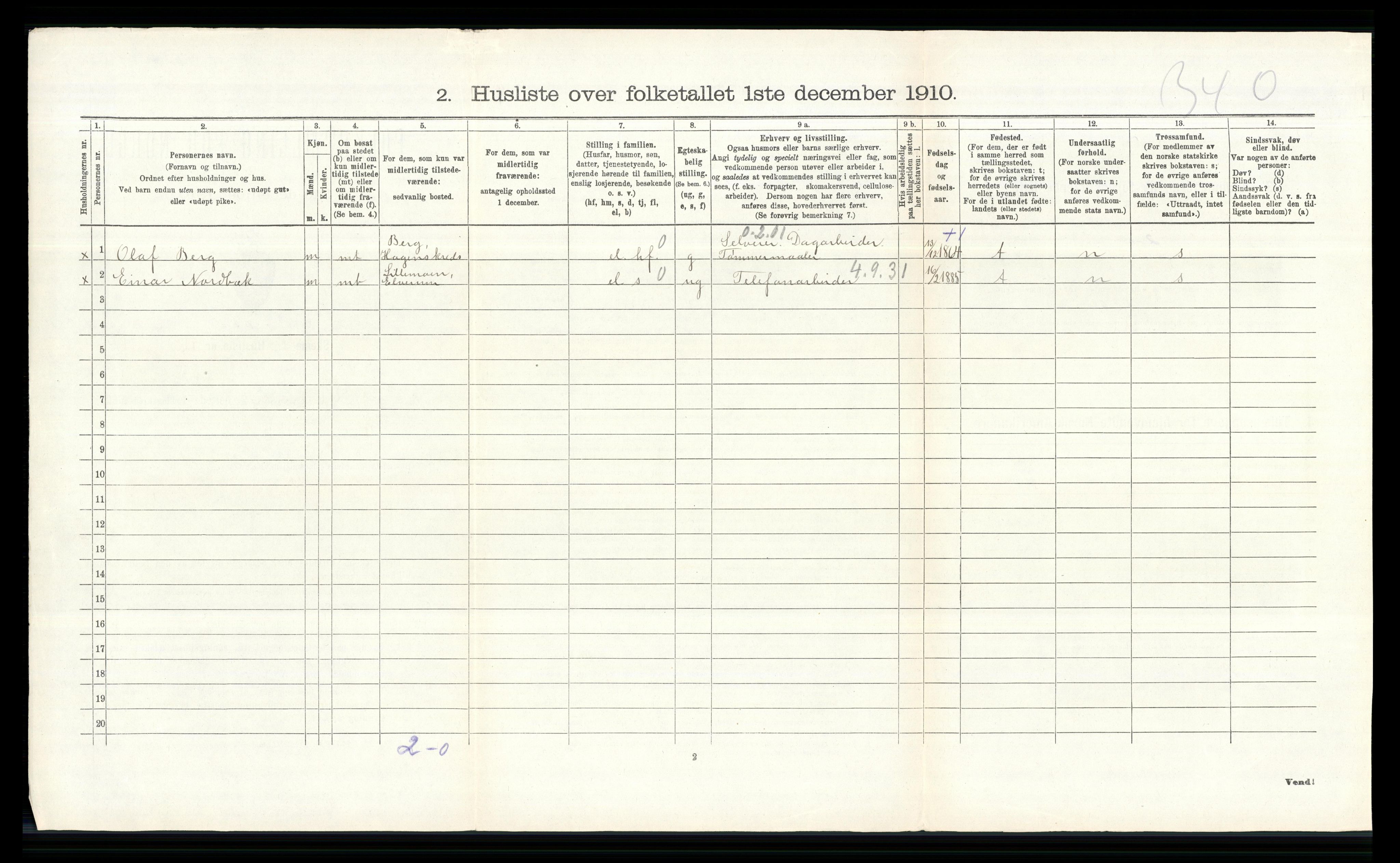 RA, 1910 census for Elverum, 1910, p. 312