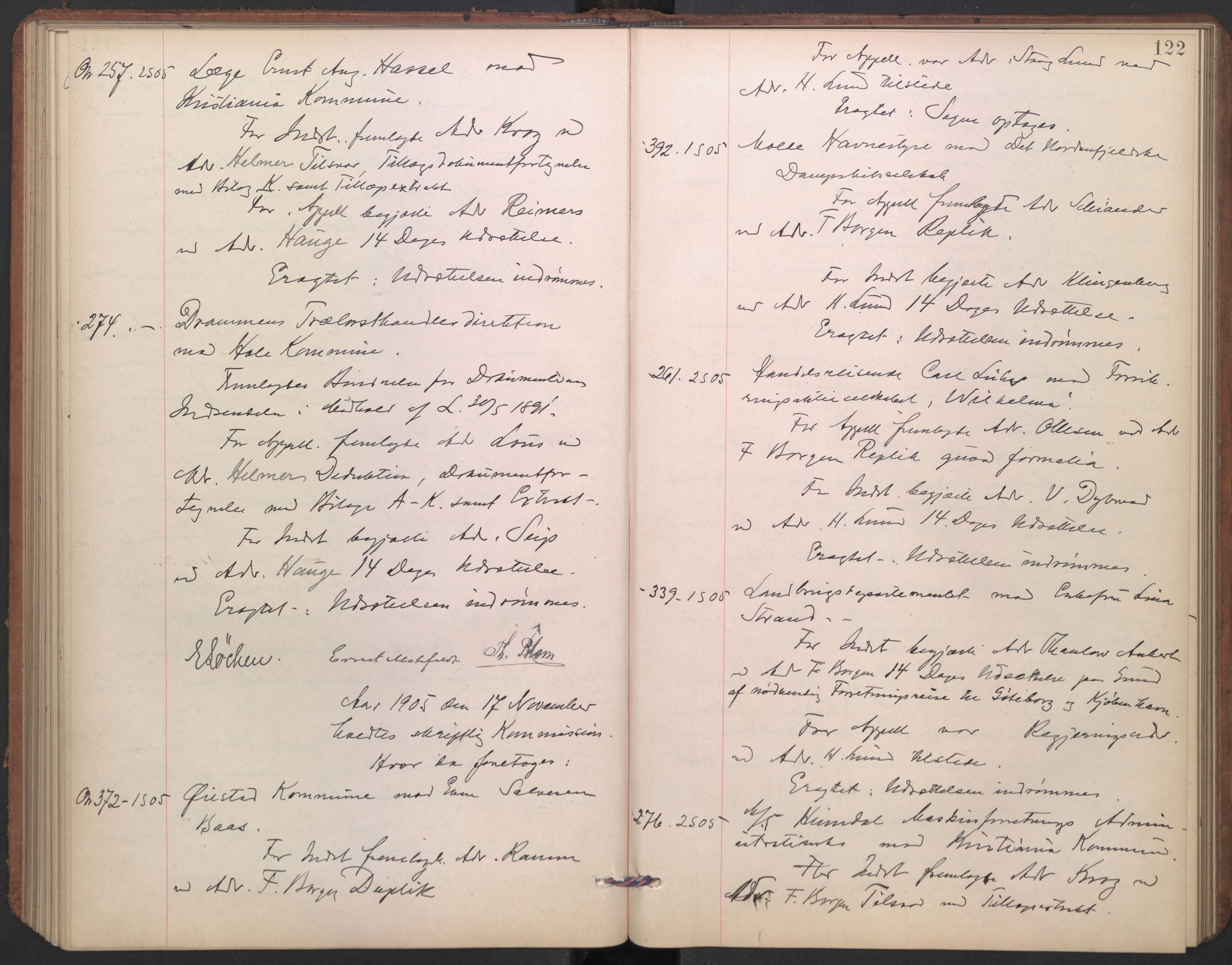 Høyesterett, AV/RA-S-1002/E/Ef/L0021: Protokoll over saker som gikk til skriftlig behandling, 1904-1907, p. 121b-122a