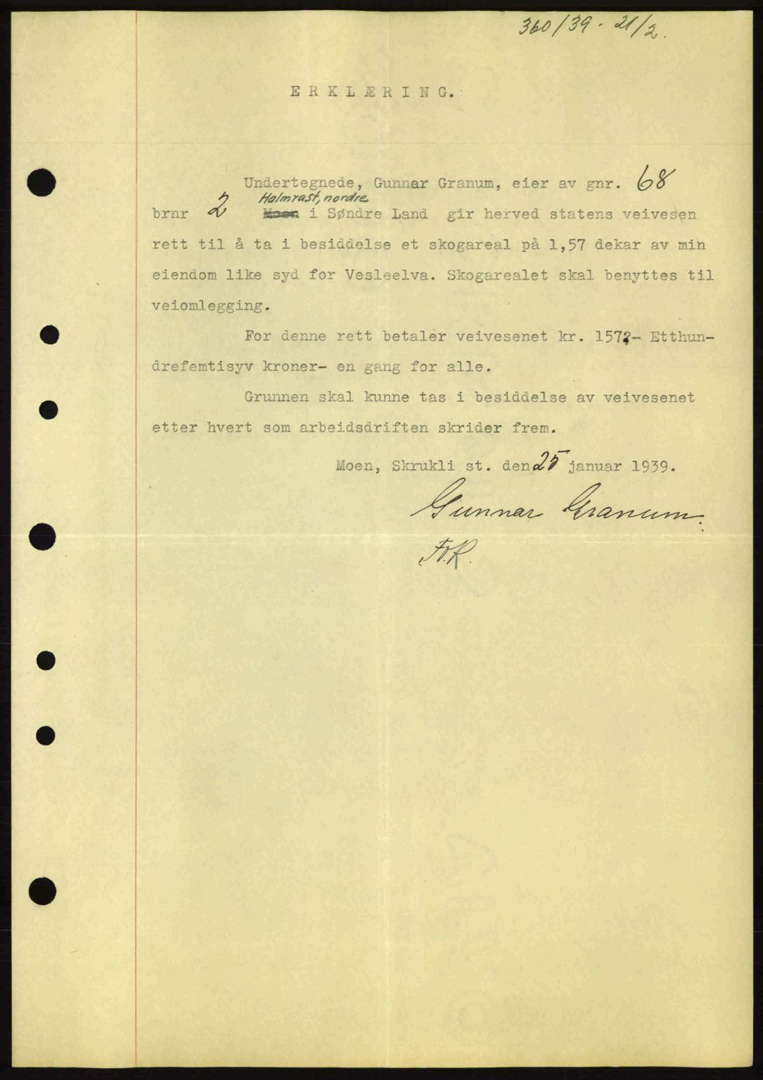 Hadeland og Land tingrett, AV/SAH-TING-010/H/Hb/Hbb/L0077: Mortgage book no. A77, 1938-1939, Diary no: : 360/1939