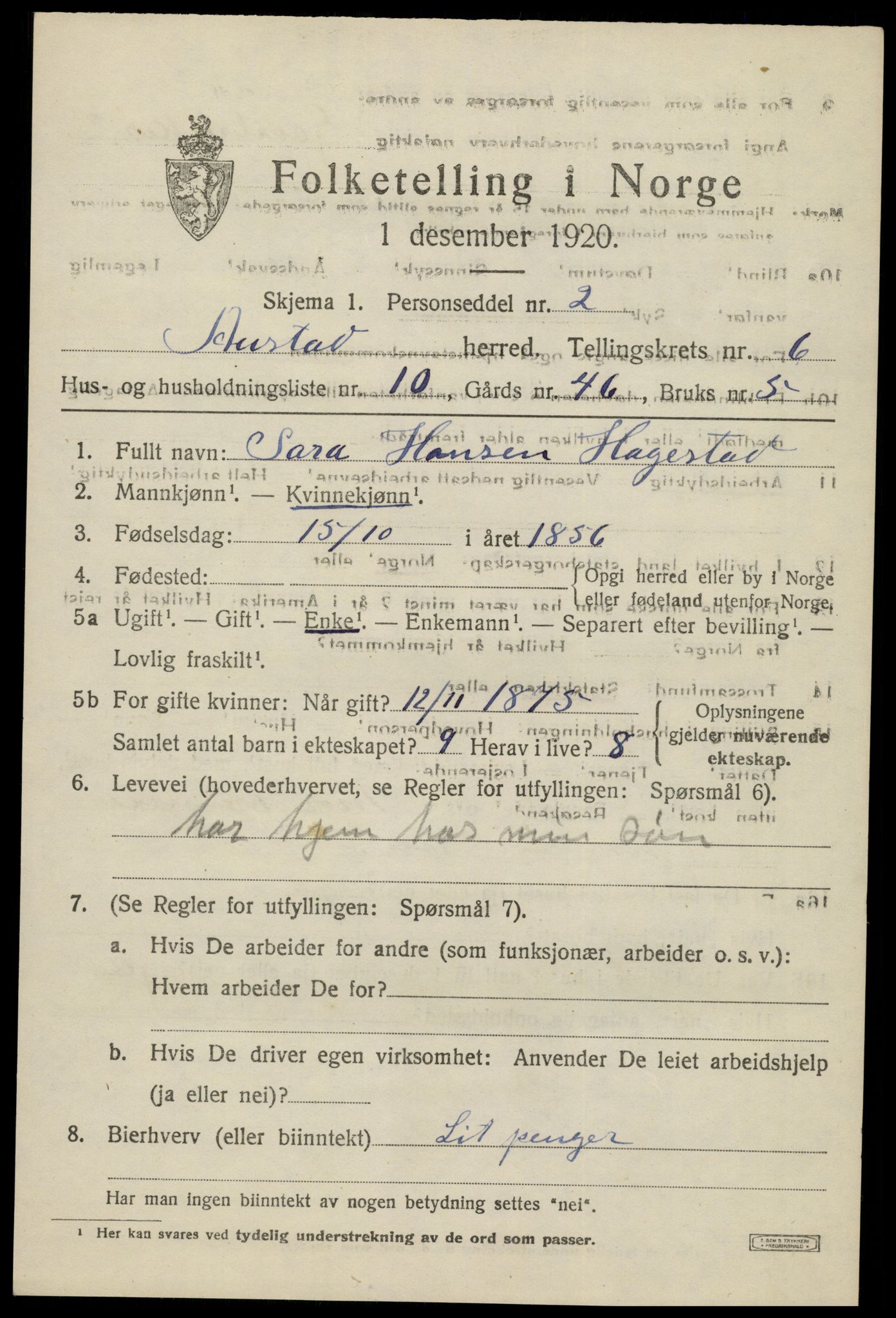 SAK, 1920 census for Austad, 1920, p. 1949