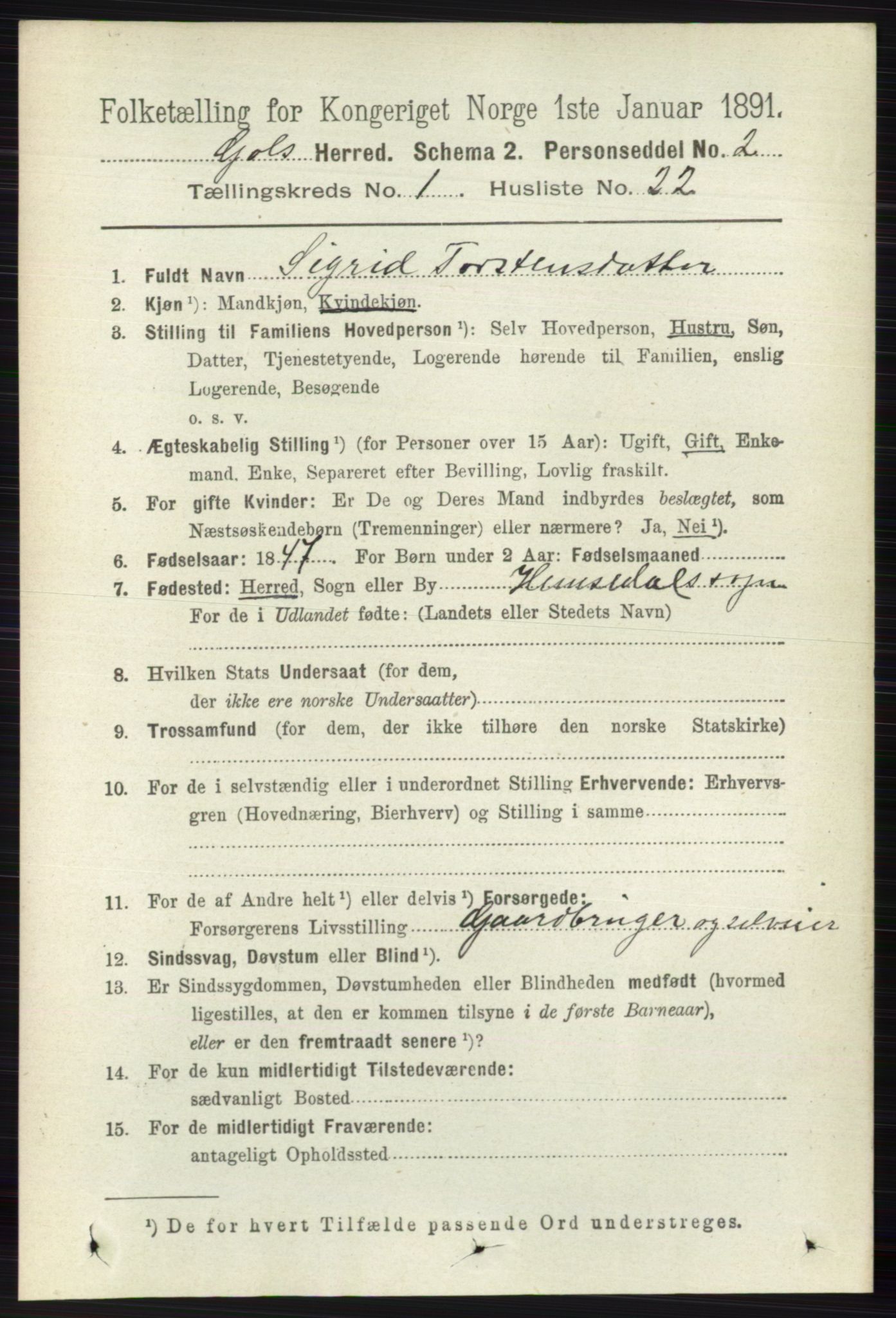 RA, 1891 census for 0617 Gol og Hemsedal, 1891, p. 220