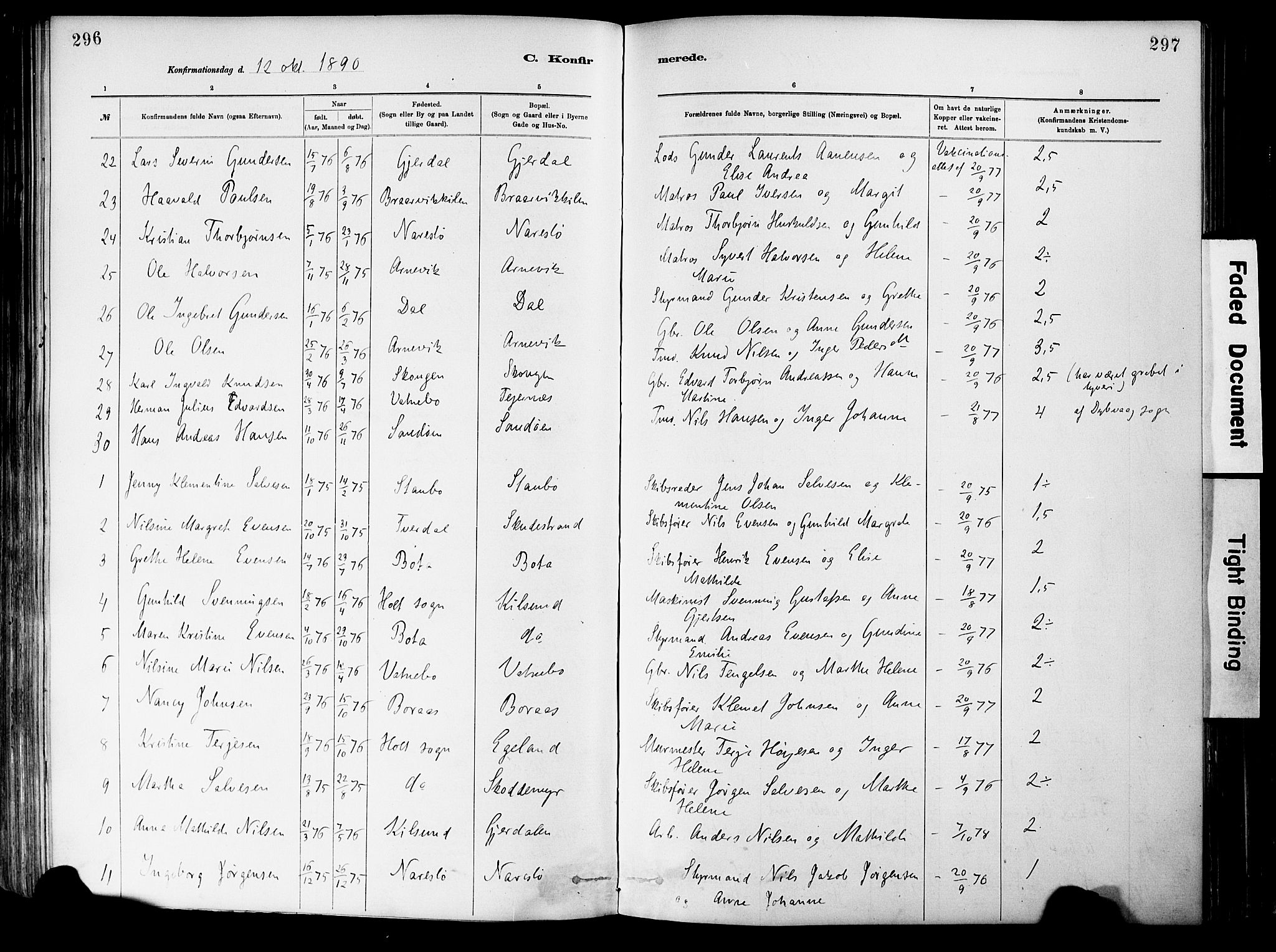 Dypvåg sokneprestkontor, AV/SAK-1111-0007/F/Fa/Fab/L0001: Parish register (official) no. A 1, 1885-1912, p. 296-297