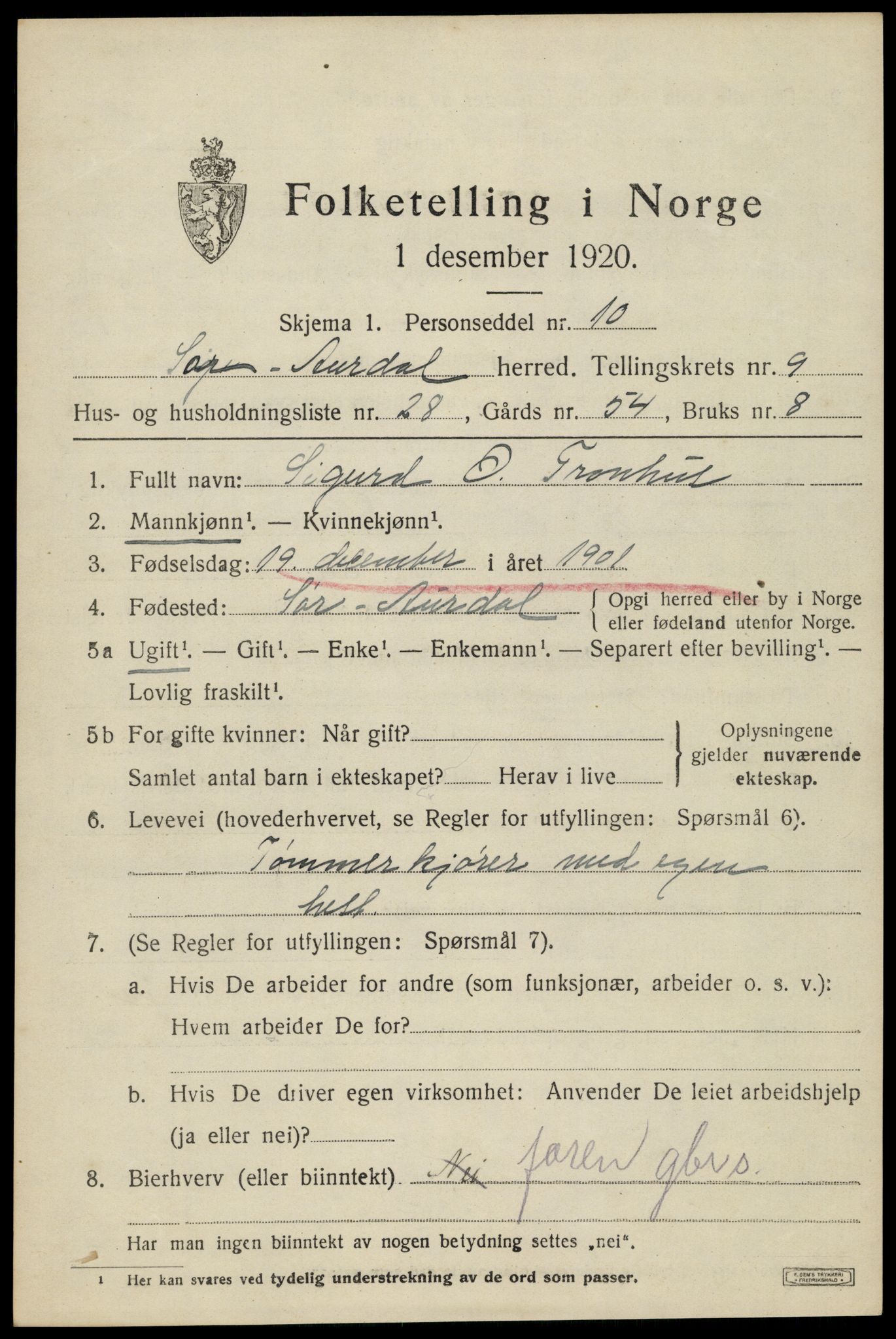 SAH, 1920 census for Sør-Aurdal, 1920, p. 5465