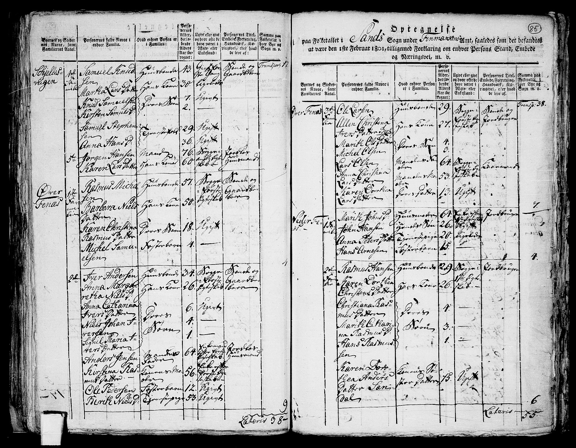RA, 1801 census for 1915P Sand, 1801, p. 84b-85a