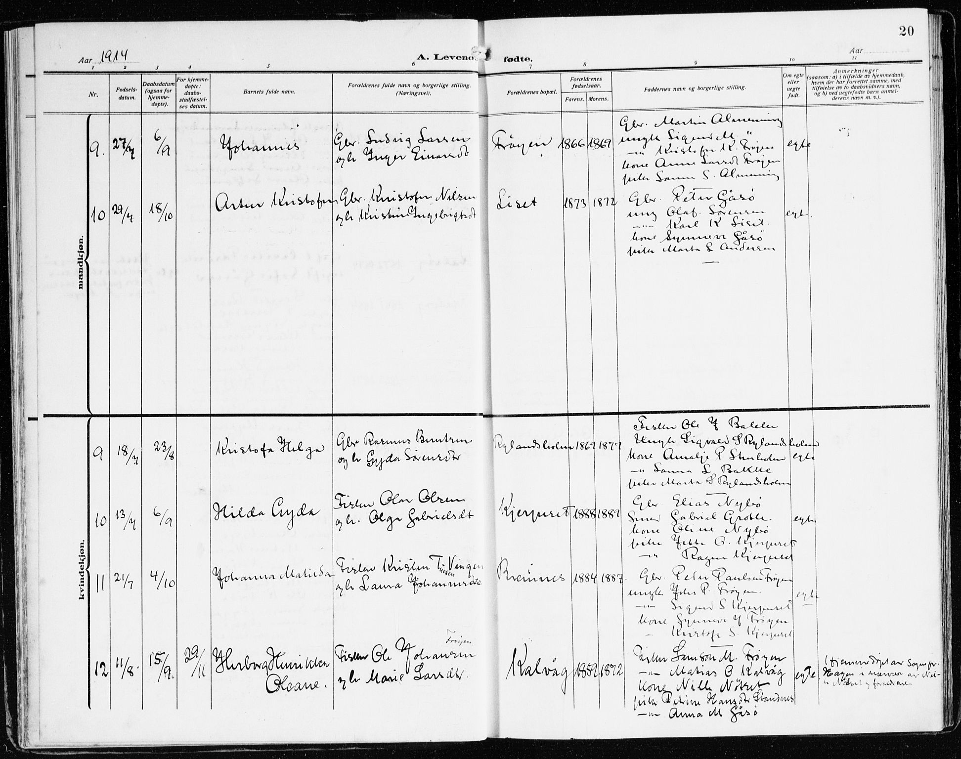 Bremanger sokneprestembete, SAB/A-82201/H/Haa/Haab/L0003: Parish register (official) no. B 3, 1908-1925, p. 20
