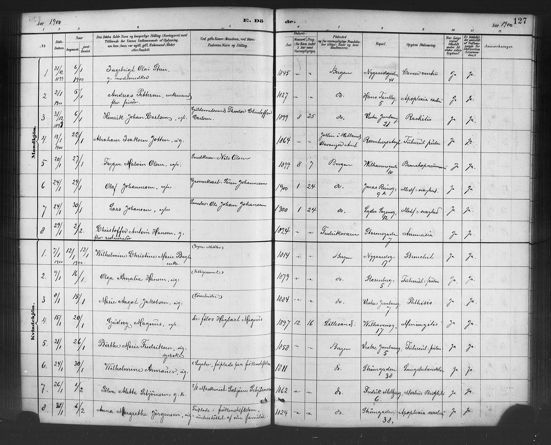 Johanneskirken Sokneprestembete, SAB/A-76001/H/Hab: Parish register (copy) no. D 1, 1885-1915, p. 127