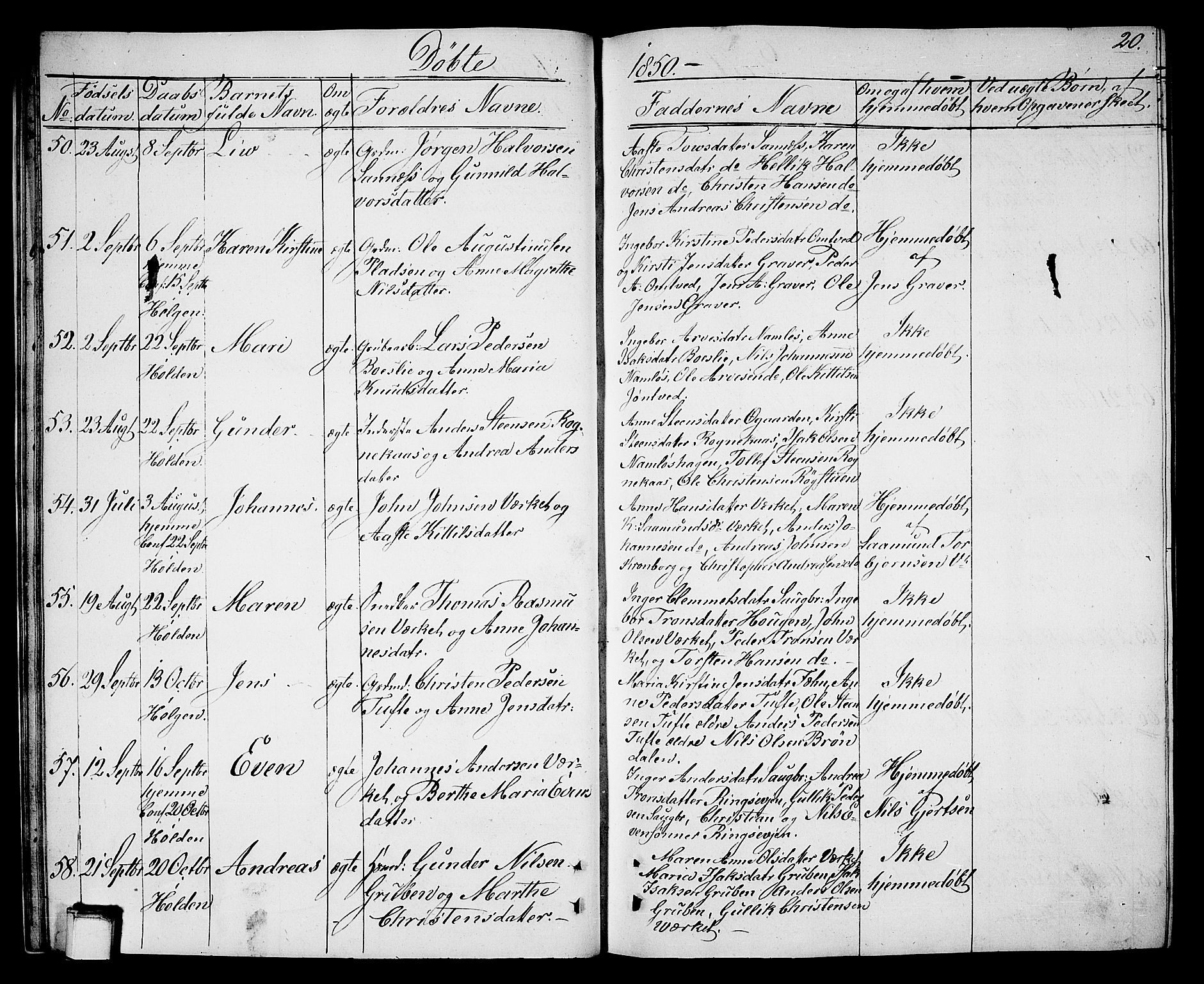 Holla kirkebøker, AV/SAKO-A-272/G/Ga/L0003: Parish register (copy) no. I 3, 1849-1866, p. 20