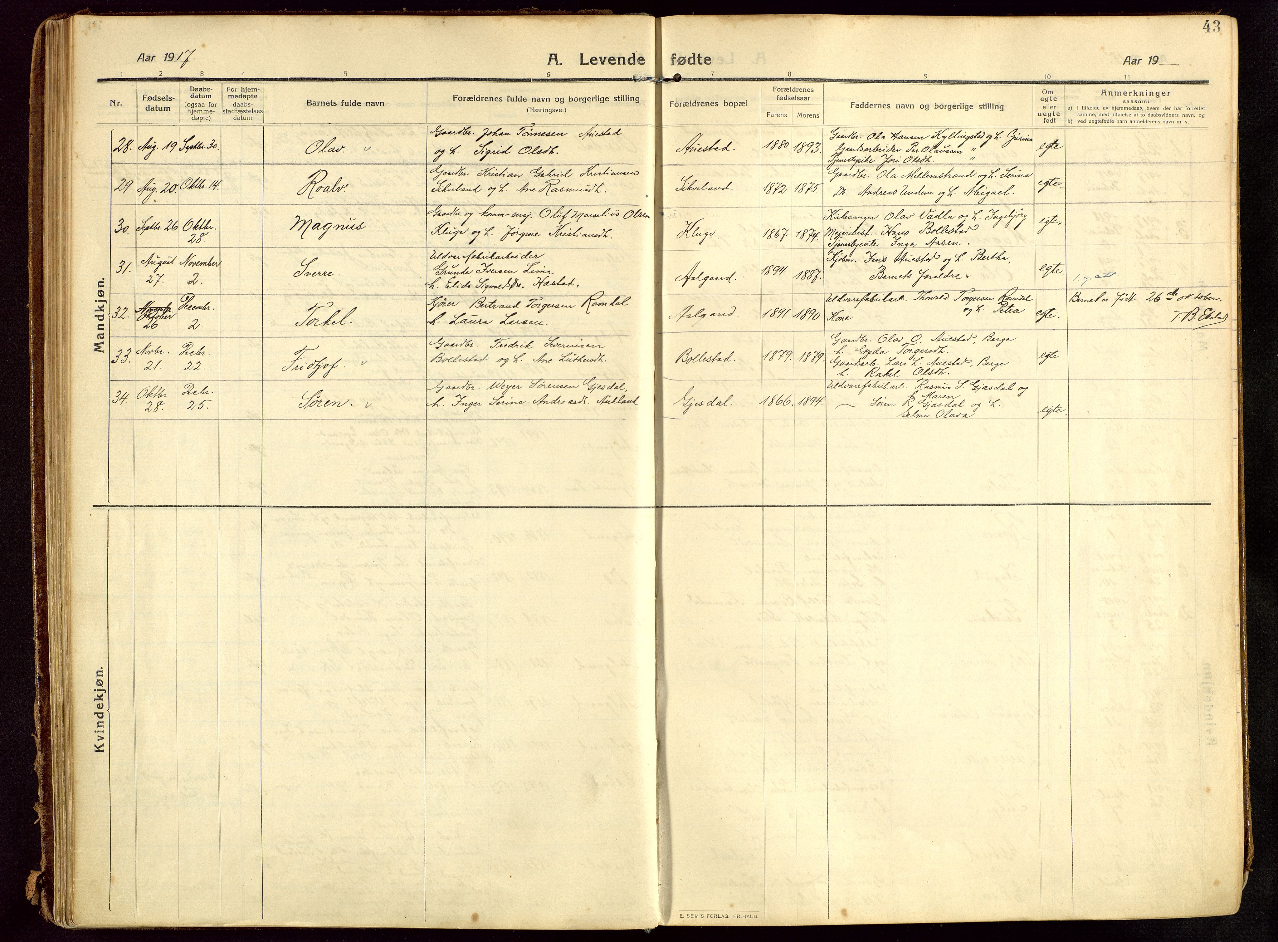 Lye sokneprestkontor, AV/SAST-A-101794/002/B/L0001: Parish register (official) no. A 13, 1910-1925, p. 43