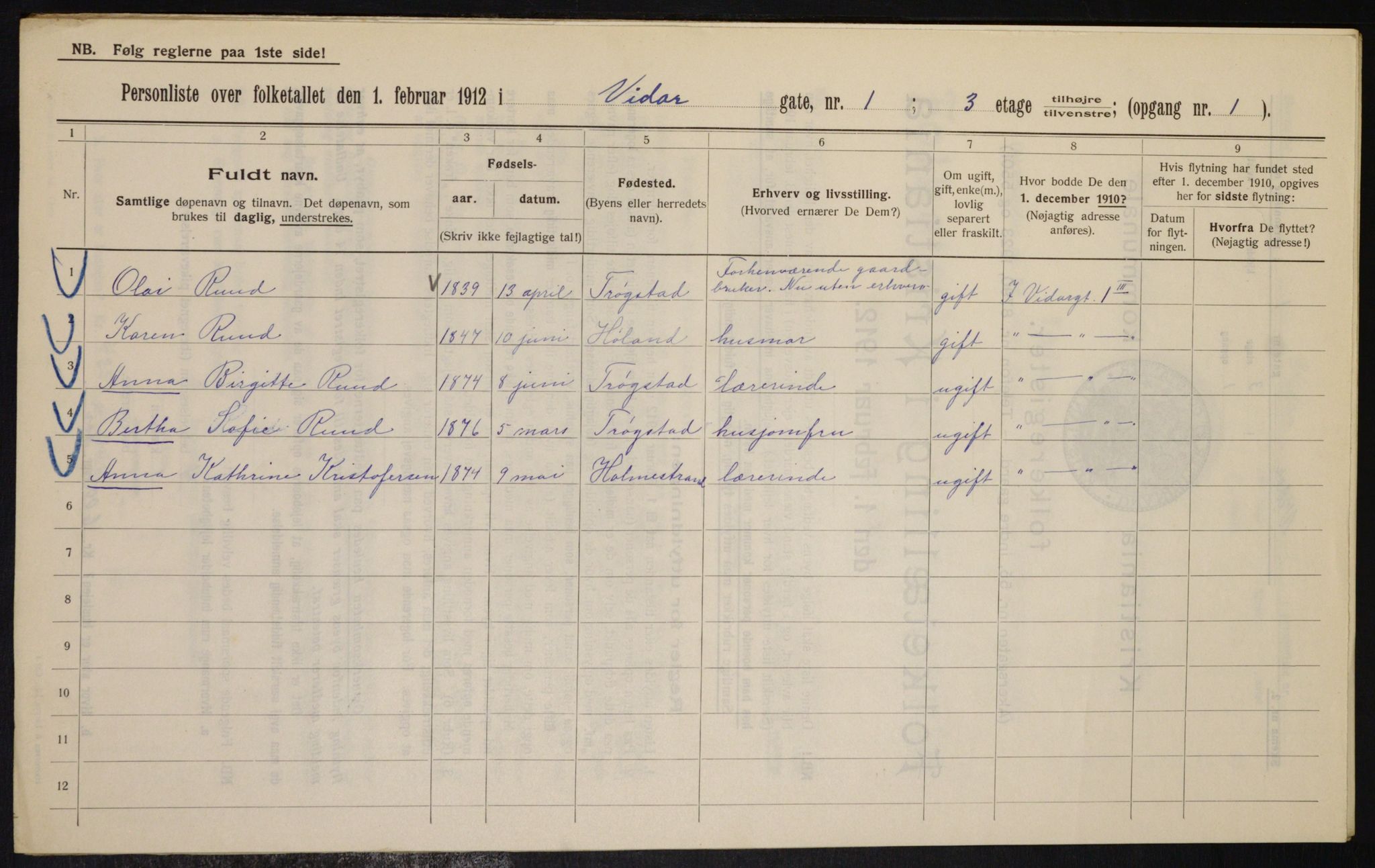 OBA, Municipal Census 1912 for Kristiania, 1912, p. 123537