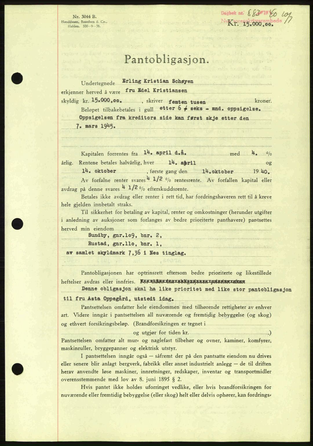 Nes tingrett, SAO/A-10548/G/Gb/Gbb/L0010: Mortgage book no. 54, 1939-1940, Diary no: : 883/1940