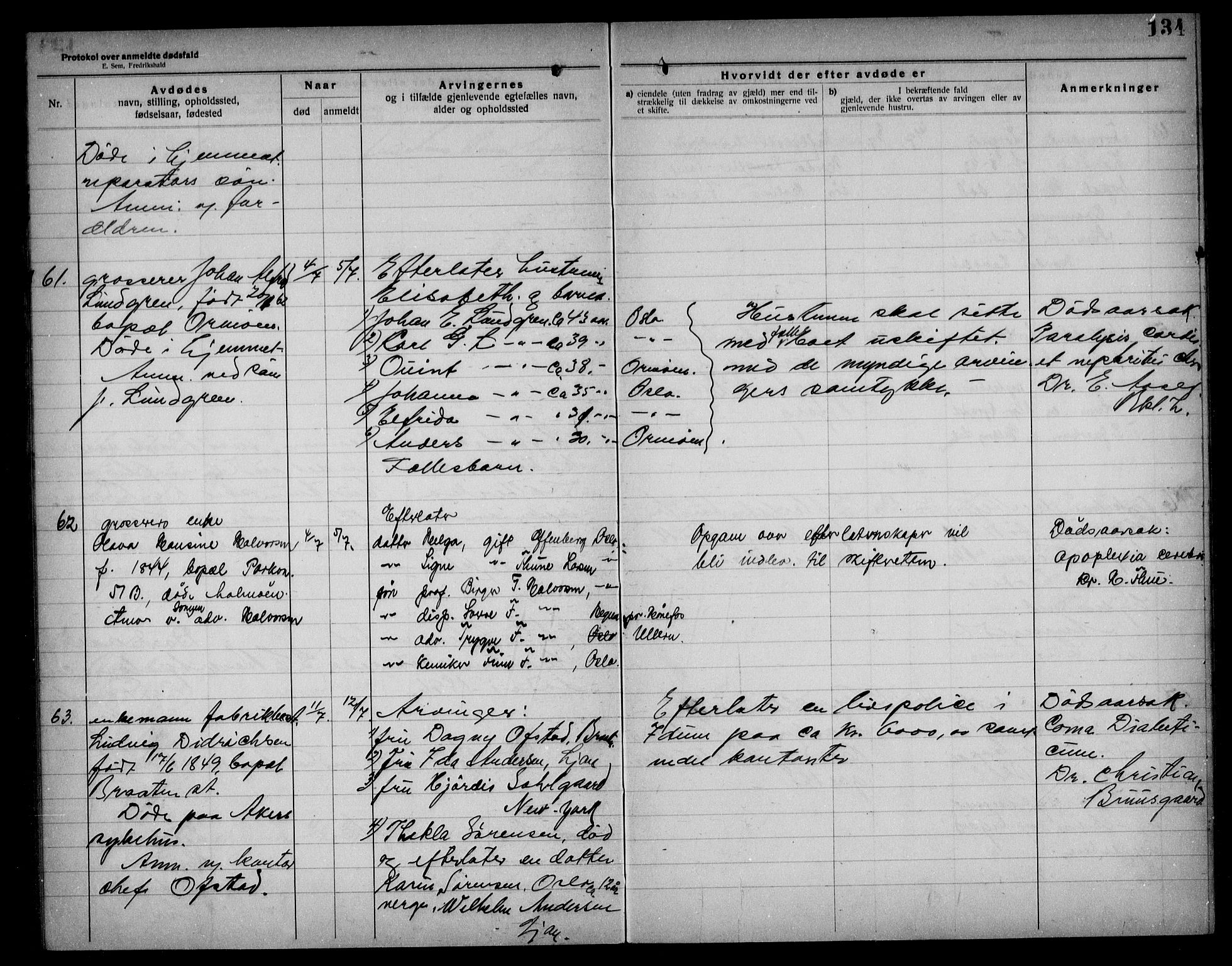 Aker kriminaldommer, skifte- og auksjonsforvalterembete, AV/SAO-A-10452/H/Hb/Hba/Hbad/L0001: Dødsfallsprotokoll for Nordstrand, 1922-1929, p. 134