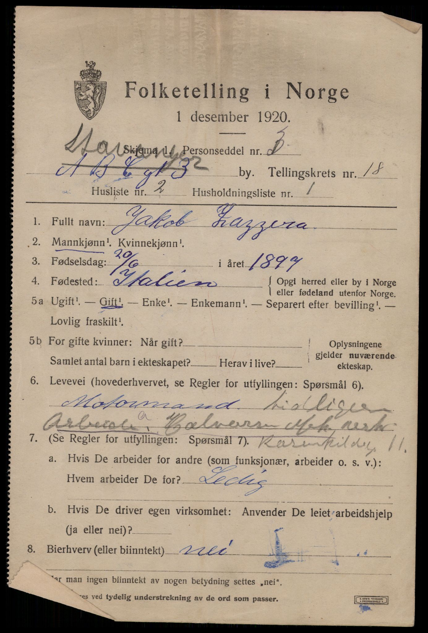 SAST, 1920 census for Stavanger, 1920, p. 66664