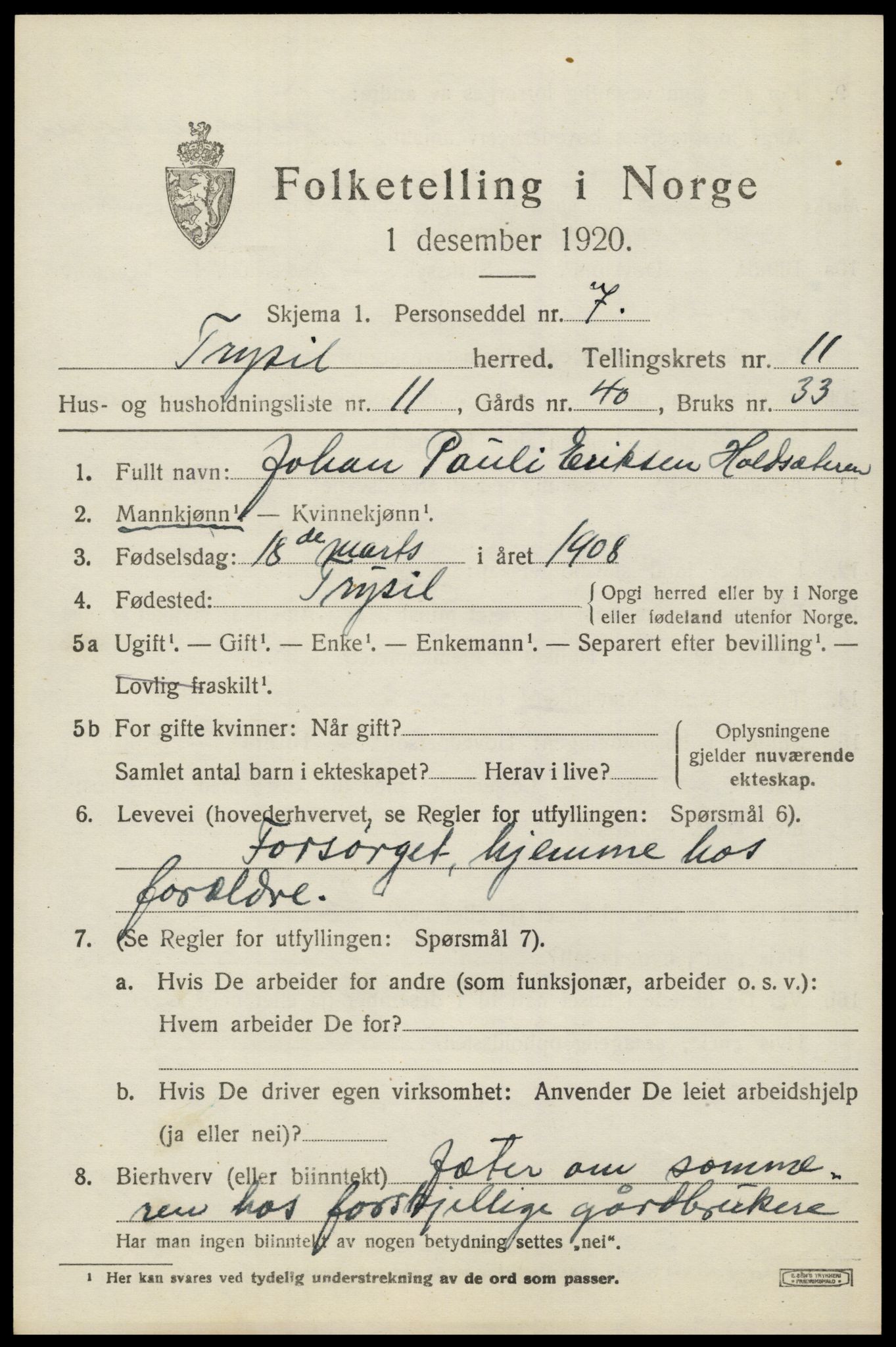 SAH, 1920 census for Trysil, 1920, p. 7087