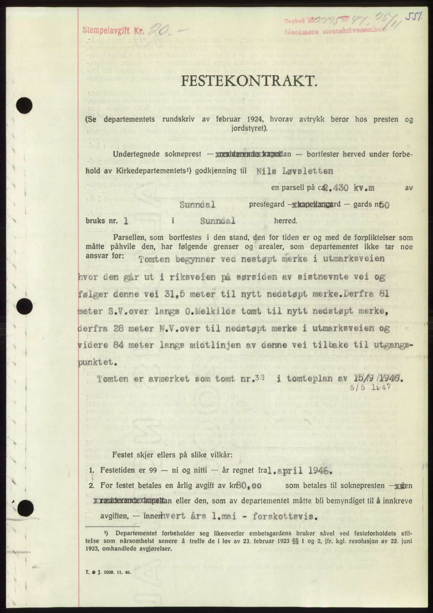 Nordmøre sorenskriveri, AV/SAT-A-4132/1/2/2Ca: Mortgage book no. B97, 1947-1948, Diary no: : 2795/1947