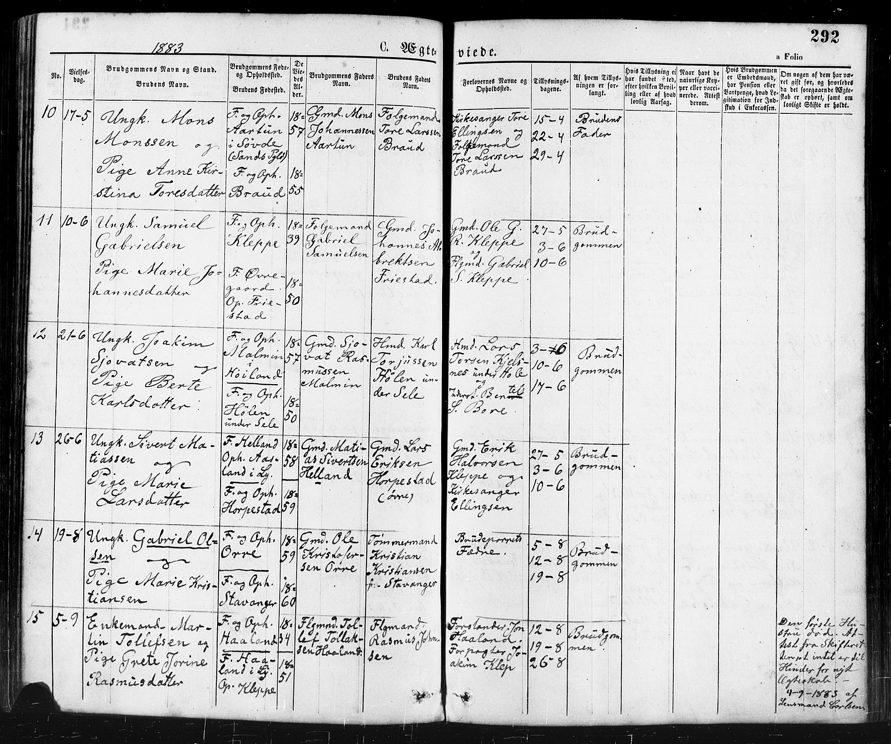 Klepp sokneprestkontor, AV/SAST-A-101803/001/3/30BA/L0006: Parish register (official) no. A 6, 1871-1885, p. 292