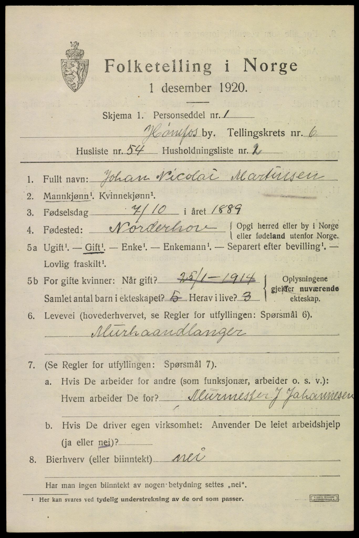 SAKO, 1920 census for Hønefoss, 1920, p. 7840