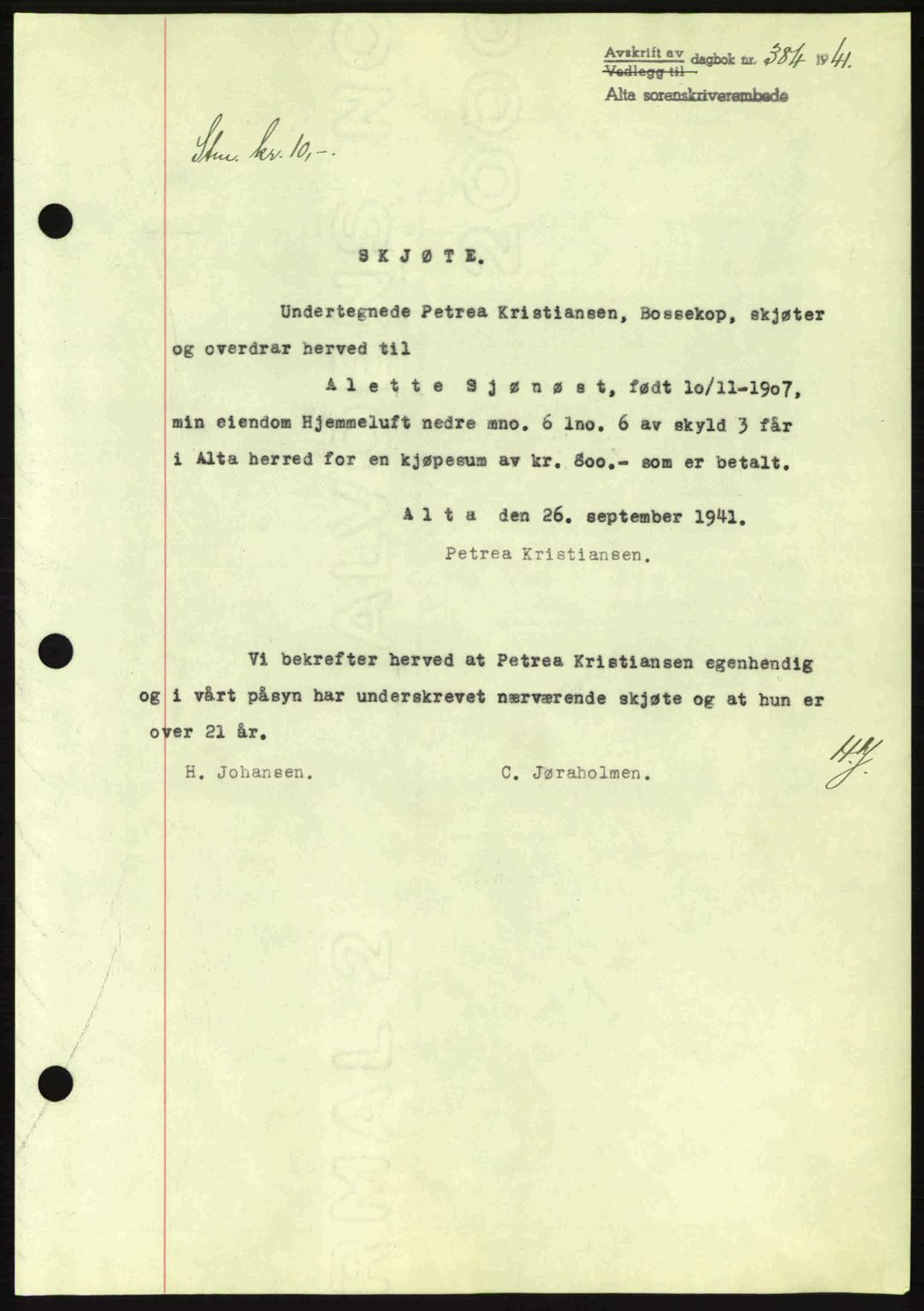 Alta fogderi/sorenskriveri, SATØ/SATØ-5/1/K/Kd/L0033pantebok: Mortgage book no. 33, 1940-1943, Diary no: : 384/1941