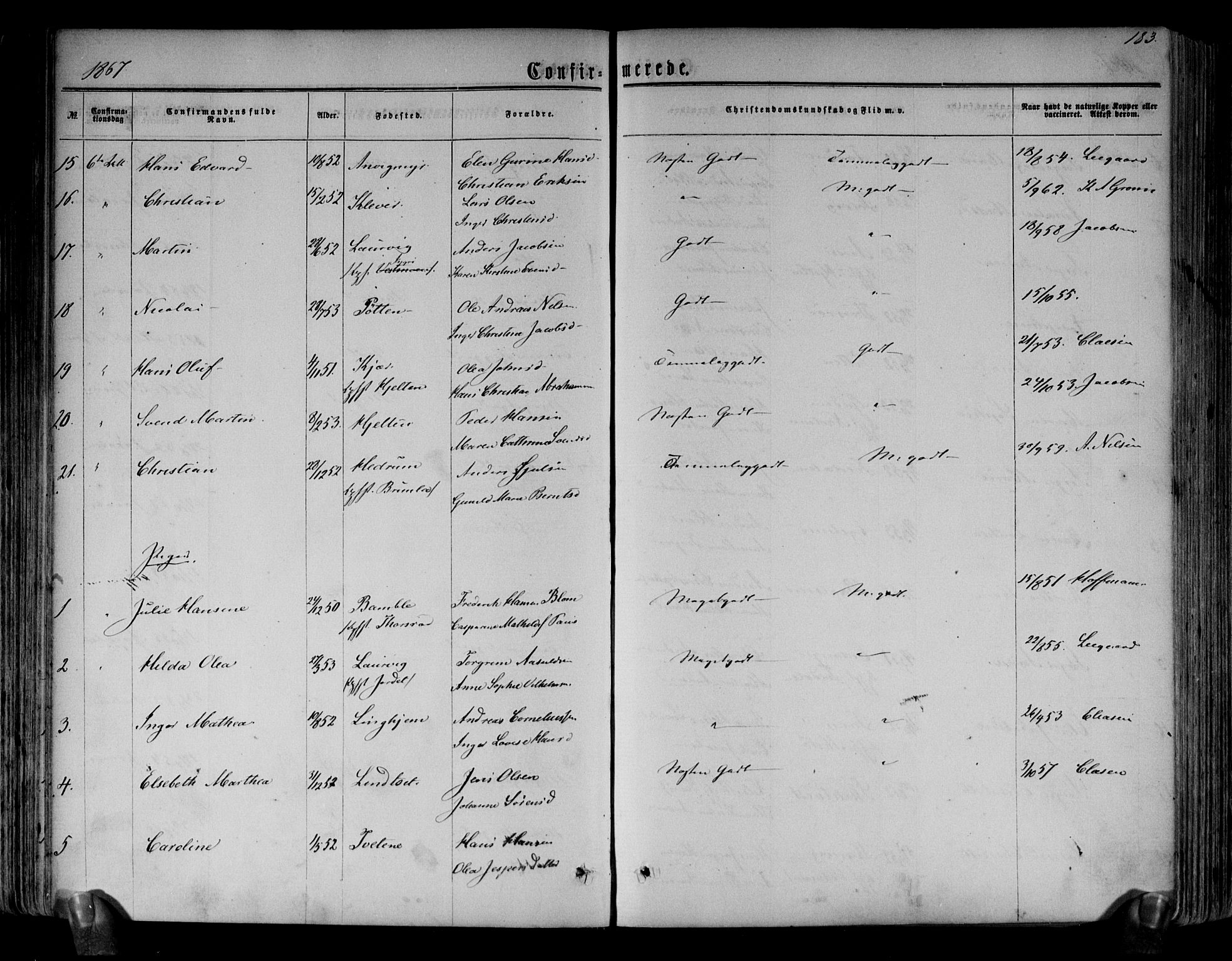 Brunlanes kirkebøker, AV/SAKO-A-342/F/Fa/L0005: Parish register (official) no. I 5, 1862-1877, p. 183