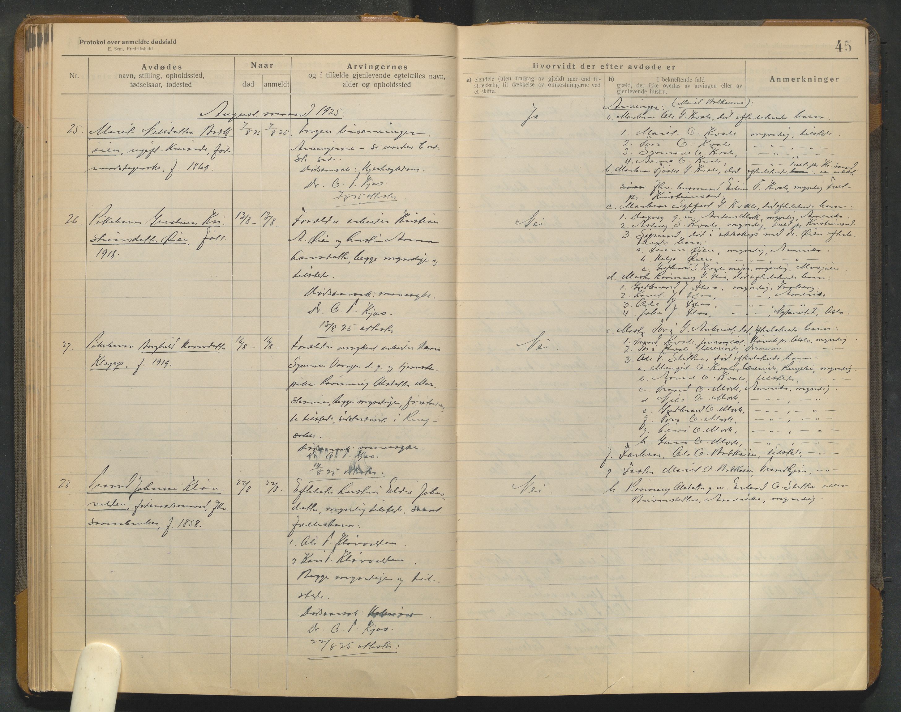 Lom lensmannskontor, AV/SAH-PGL-006/H/Ha/Haa/L0001/0004: Dødsfallsprotokoller / Dødsfallsprotokoll, 1922-1937, p. 45