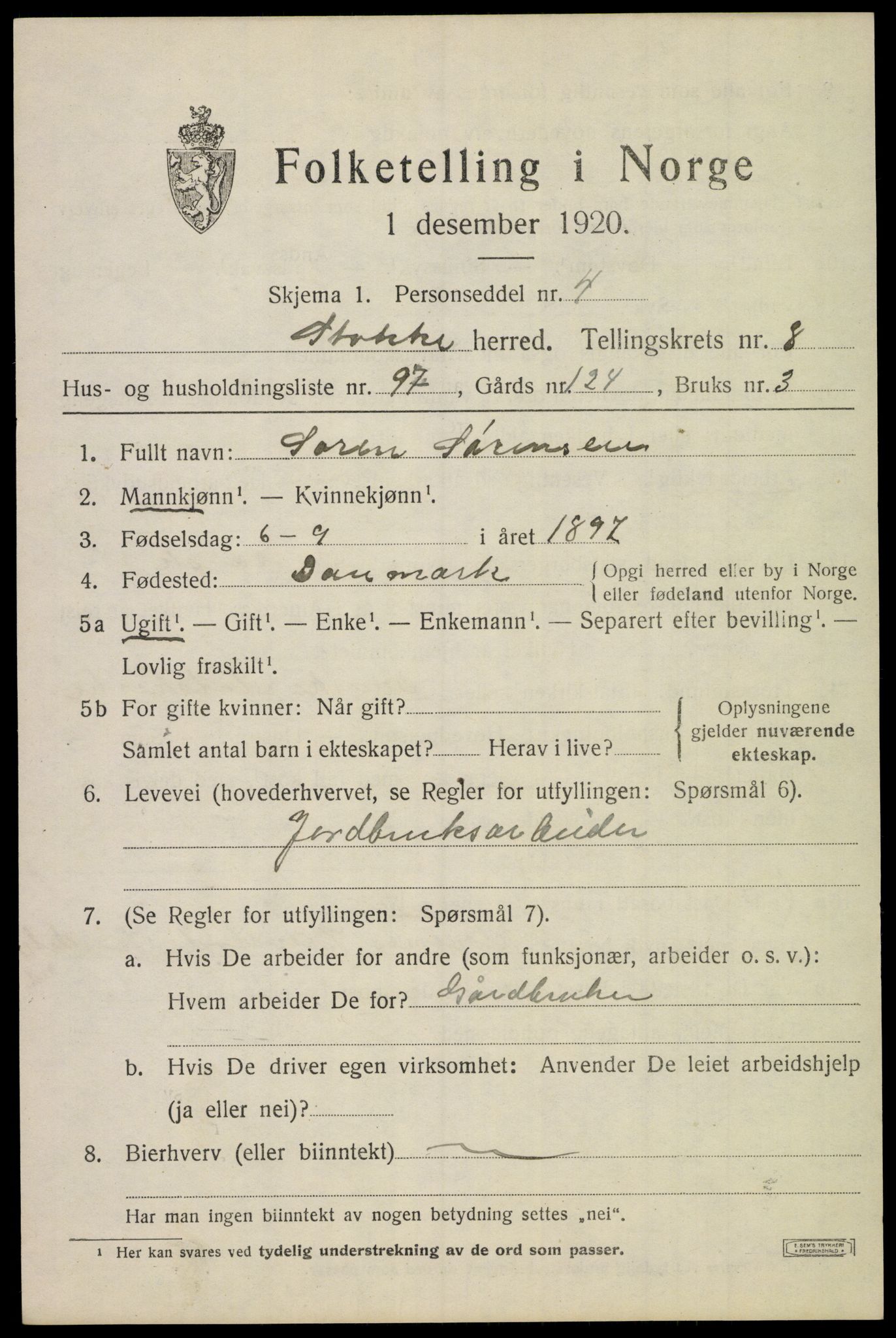 SAKO, 1920 census for Stokke, 1920, p. 10484