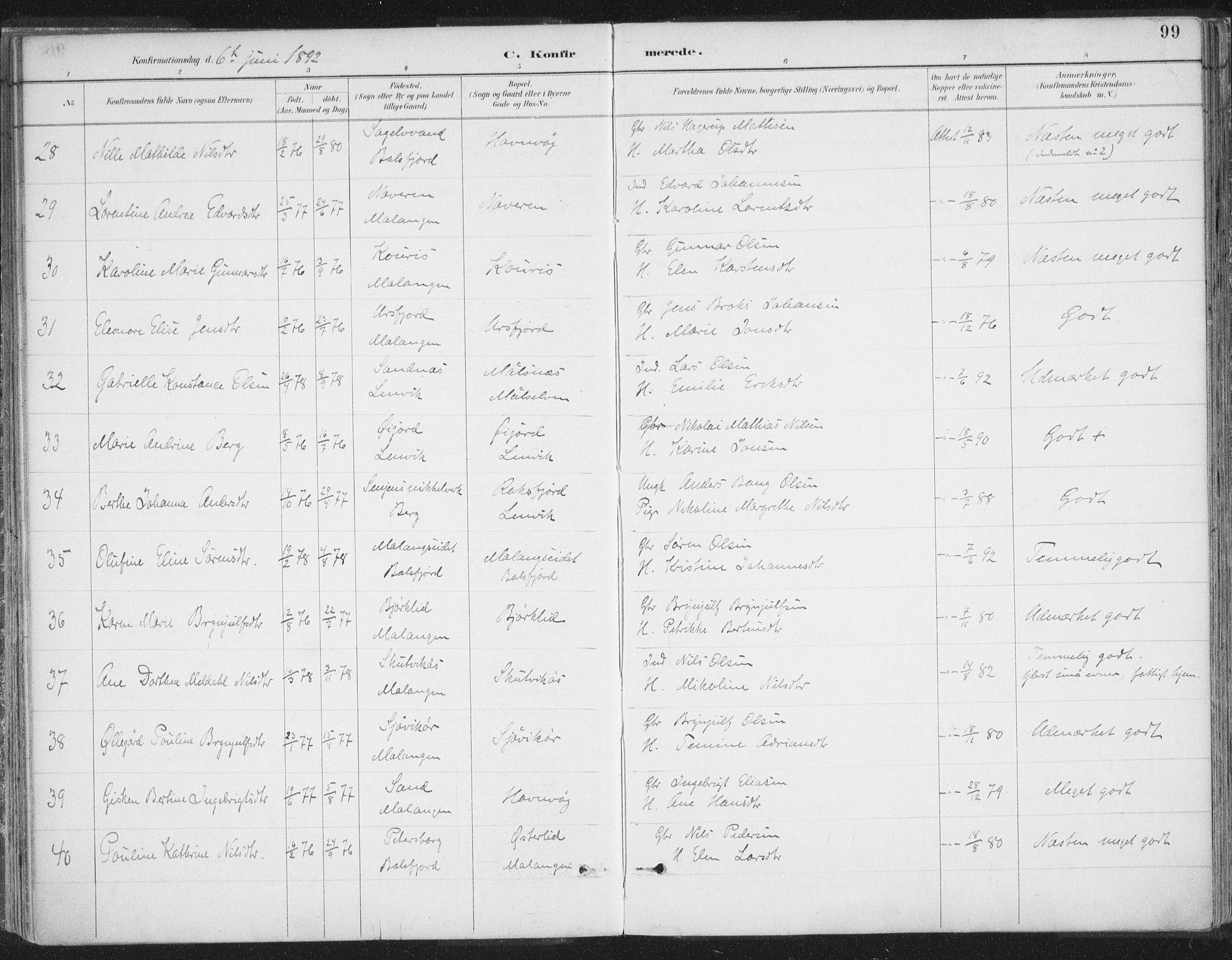 Balsfjord sokneprestembete, AV/SATØ-S-1303/G/Ga/L0007kirke: Parish register (official) no. 7, 1887-1909, p. 99