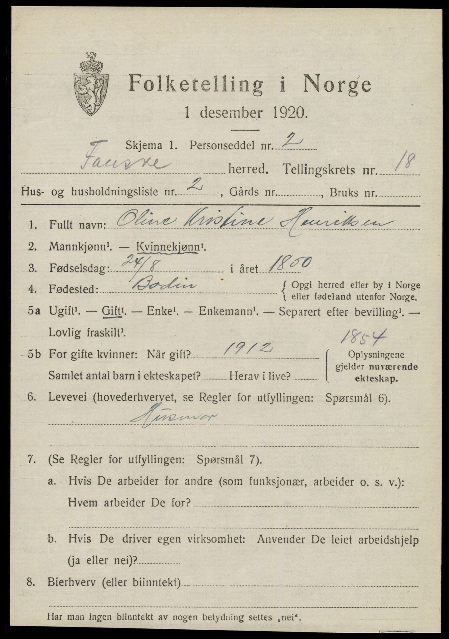 SAT, 1920 census for Fauske, 1920, p. 10824