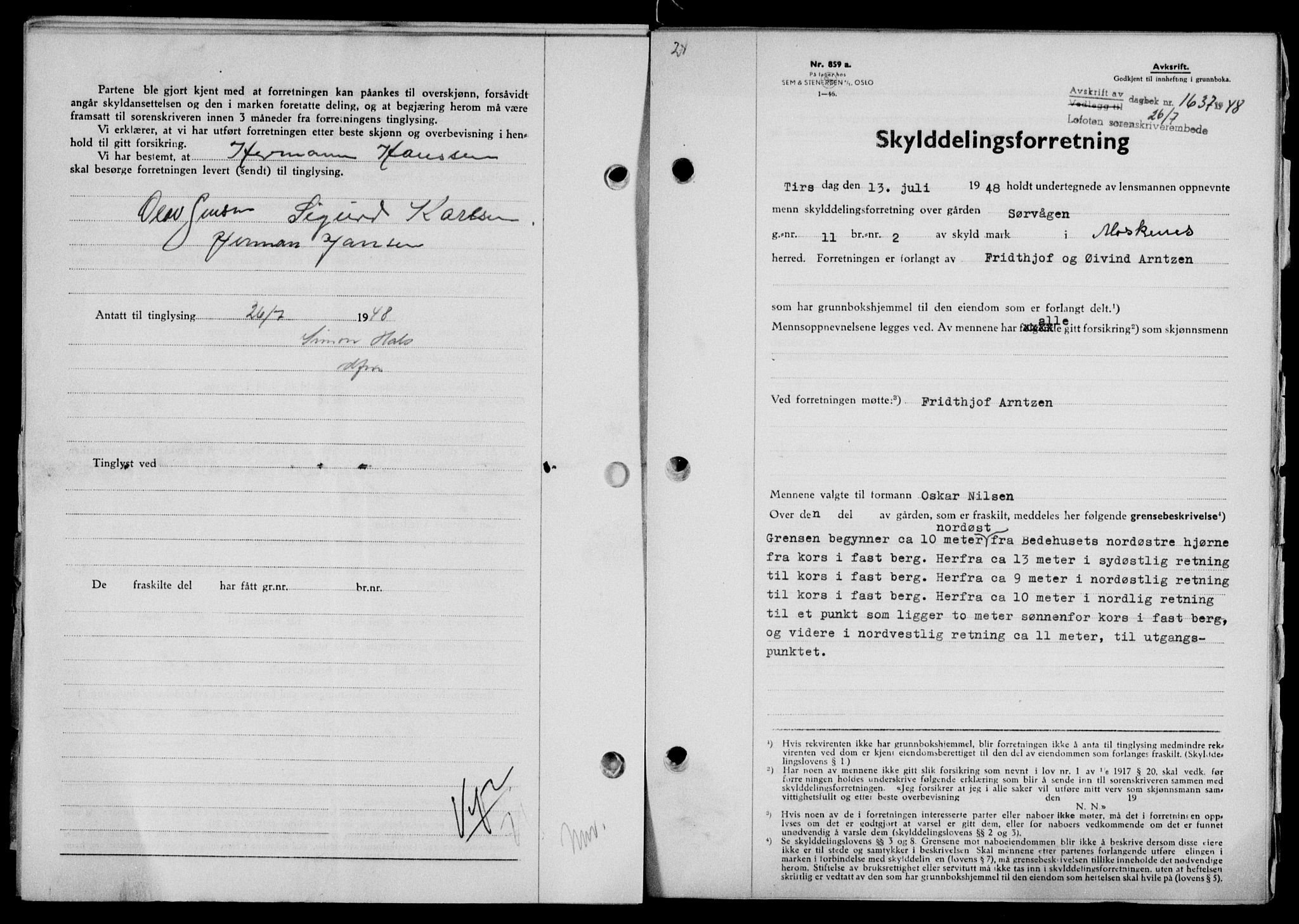 Lofoten sorenskriveri, SAT/A-0017/1/2/2C/L0018a: Mortgage book no. 18a, 1948-1948, Diary no: : 1637/1948