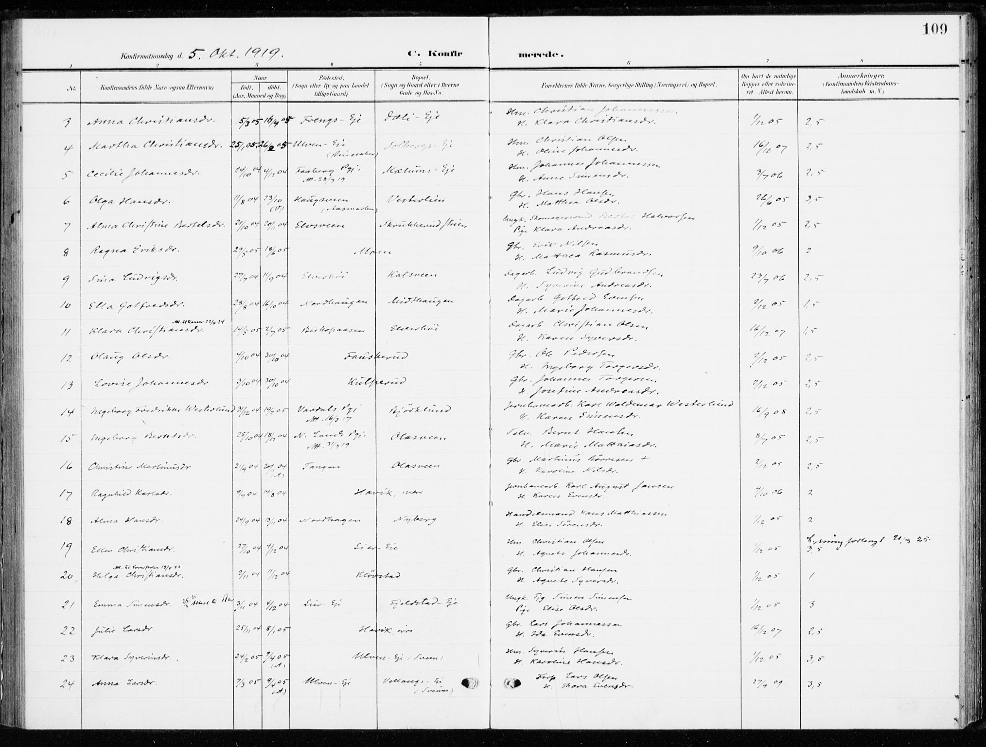 Ringsaker prestekontor, AV/SAH-PREST-014/K/Ka/L0021: Parish register (official) no. 21, 1905-1920, p. 109