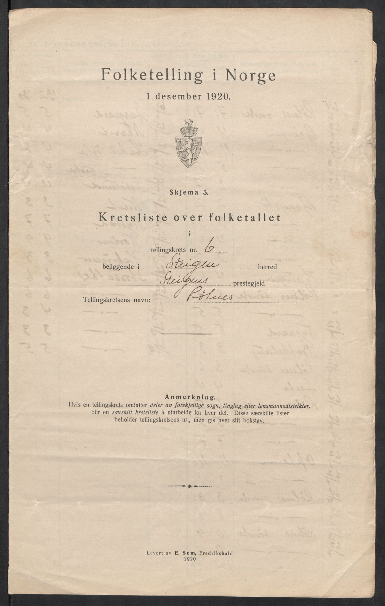 SAT, 1920 census for Steigen, 1920, p. 22