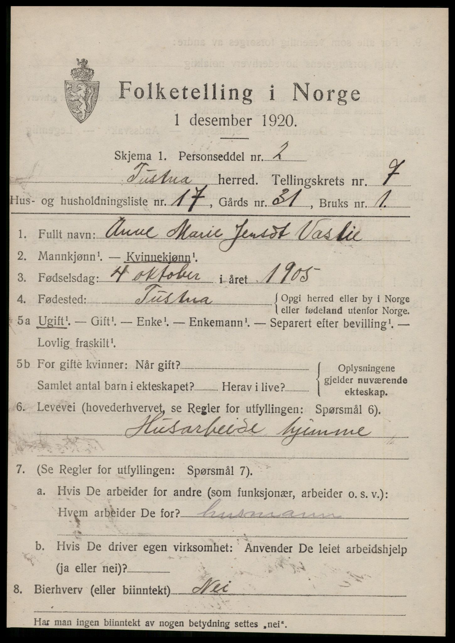 SAT, 1920 census for Tustna, 1920, p. 3257